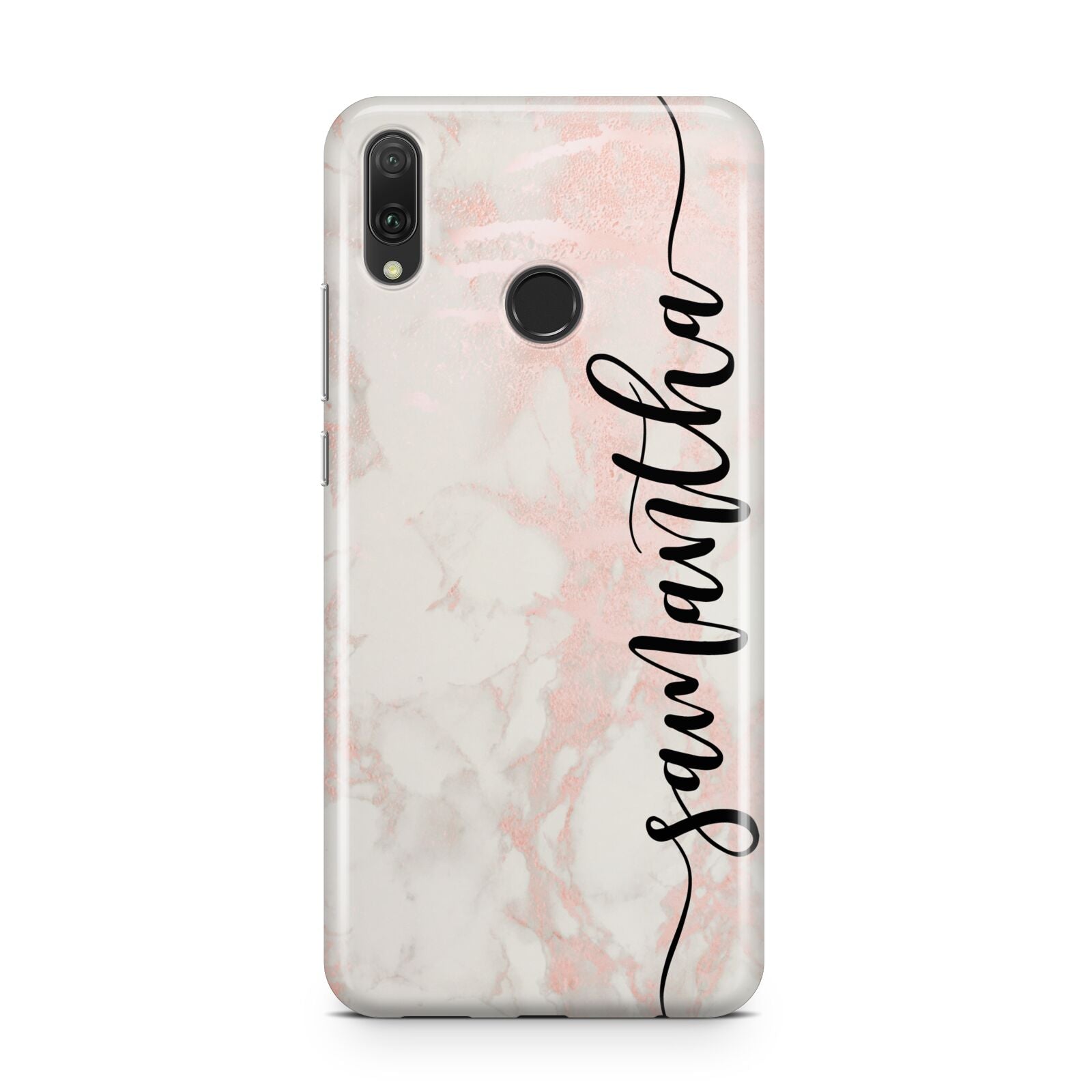 Pink Marble Vertical Black Personalised Name Huawei Y9 2019