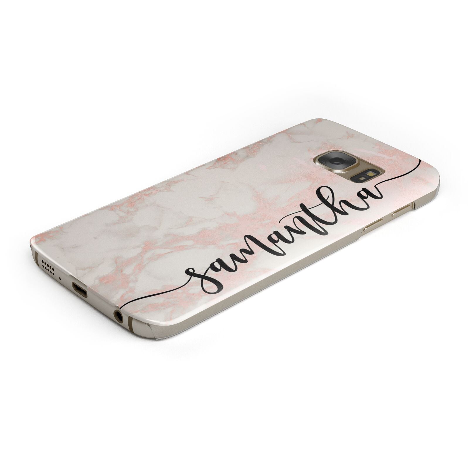 Pink Marble Vertical Black Personalised Name Protective Samsung Galaxy Case Angled Image