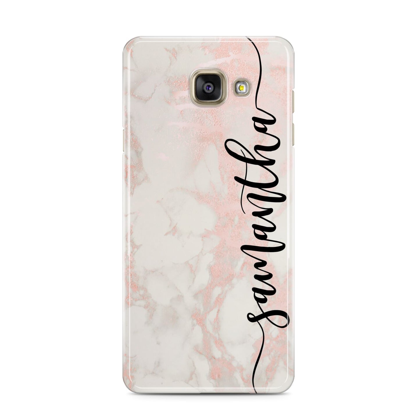 Pink Marble Vertical Black Personalised Name Samsung Galaxy A3 2016 Case on gold phone