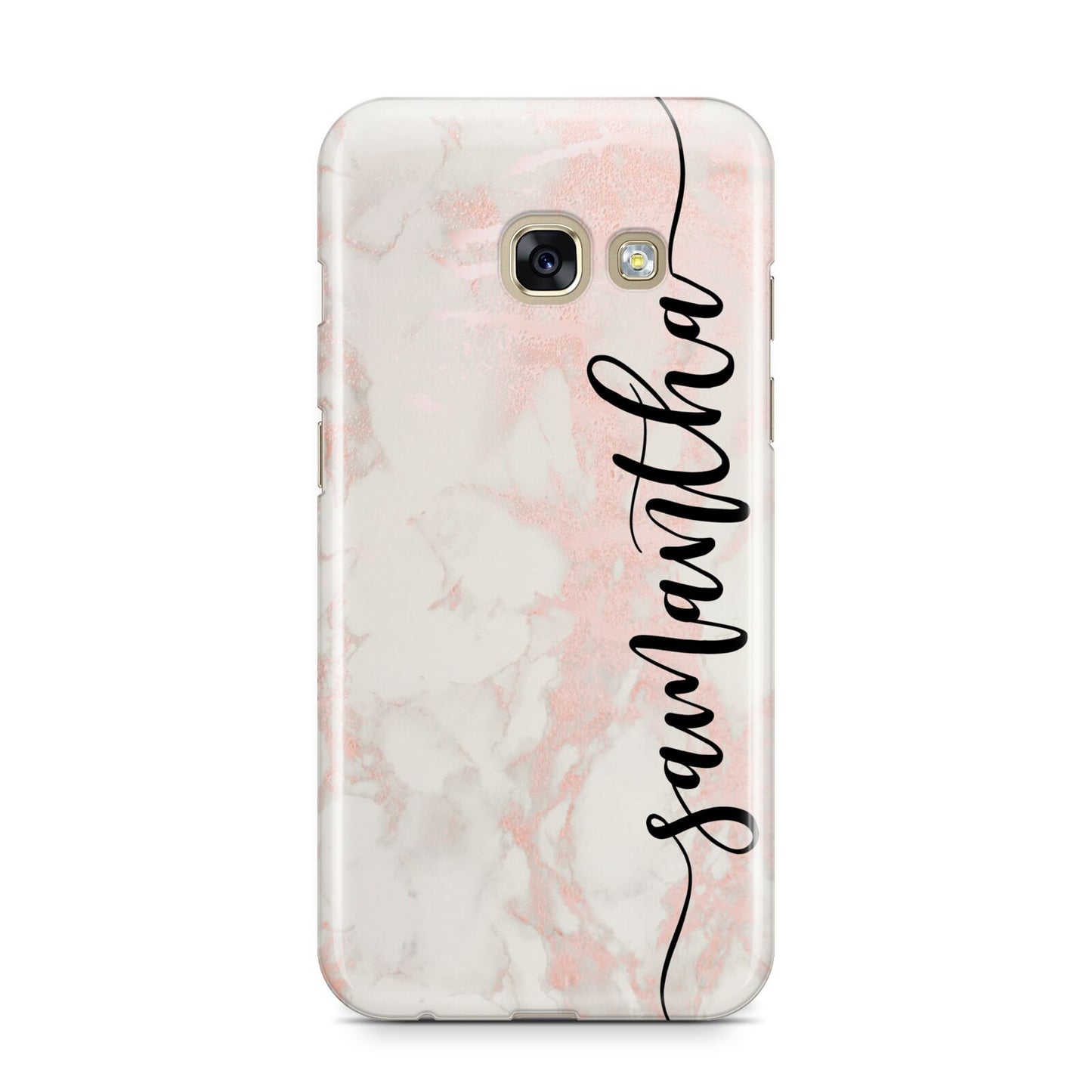 Pink Marble Vertical Black Personalised Name Samsung Galaxy A3 2017 Case on gold phone