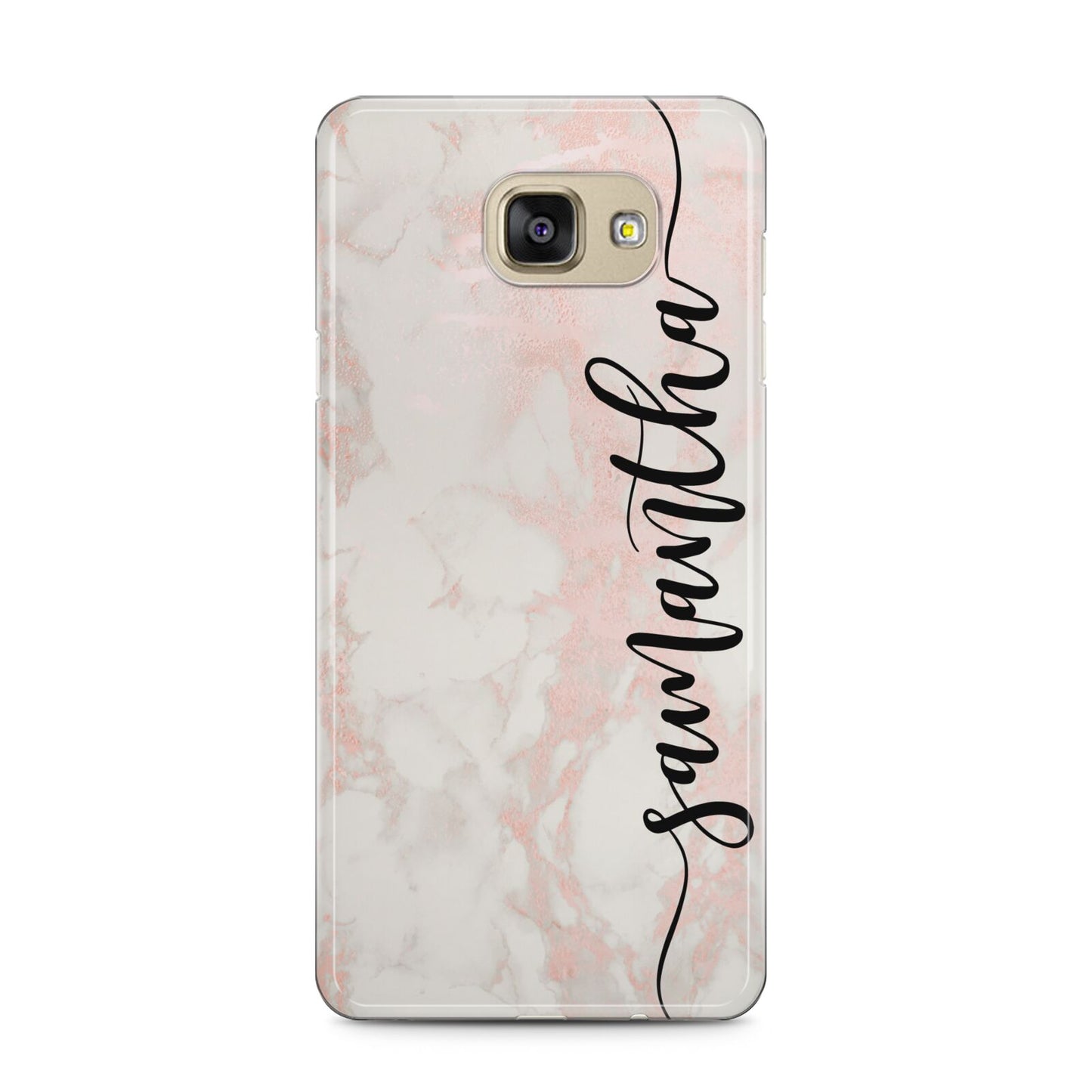 Pink Marble Vertical Black Personalised Name Samsung Galaxy A5 2016 Case on gold phone