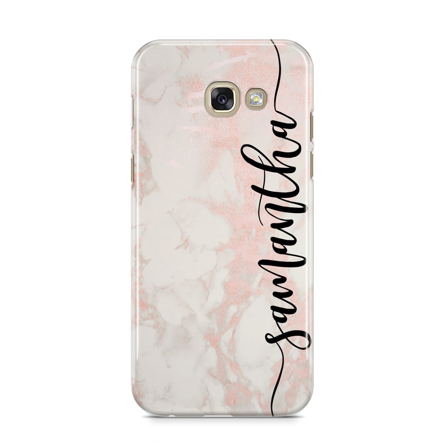 Pink Marble Vertical Black Personalised Name Samsung Galaxy A5 2017 Case on gold phone