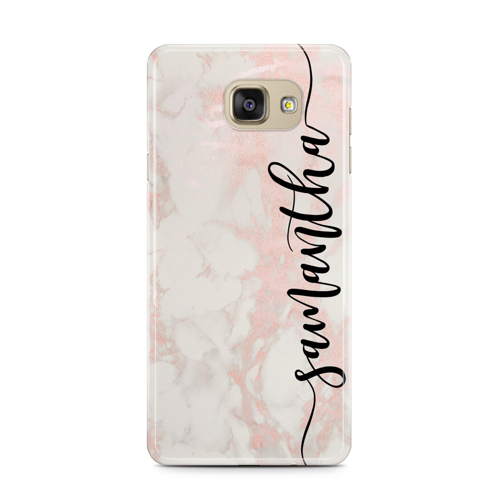 Pink Marble Vertical Black Personalised Name Samsung Galaxy A7 2016 Case on gold phone