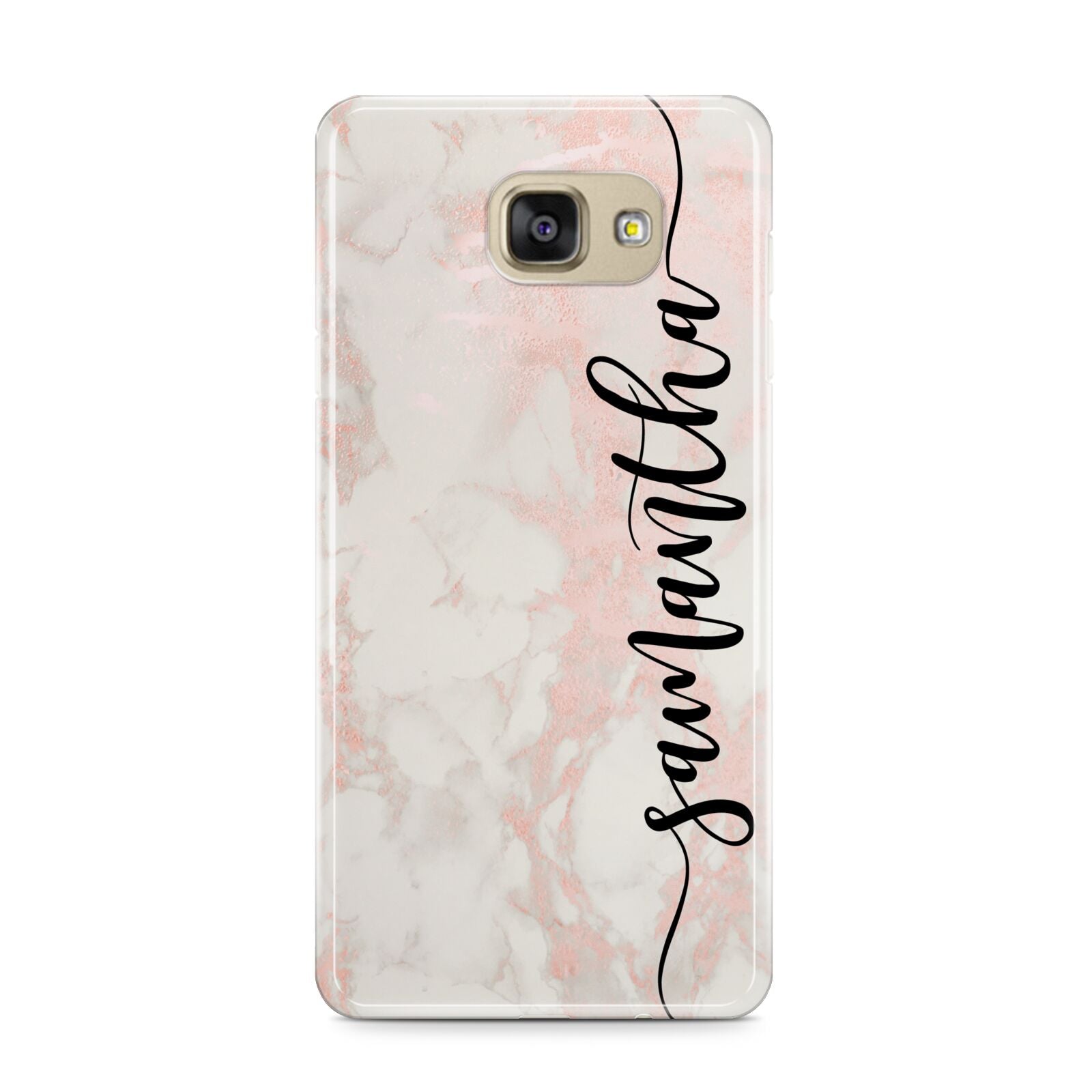 Pink Marble Vertical Black Personalised Name Samsung Galaxy A9 2016 Case on gold phone