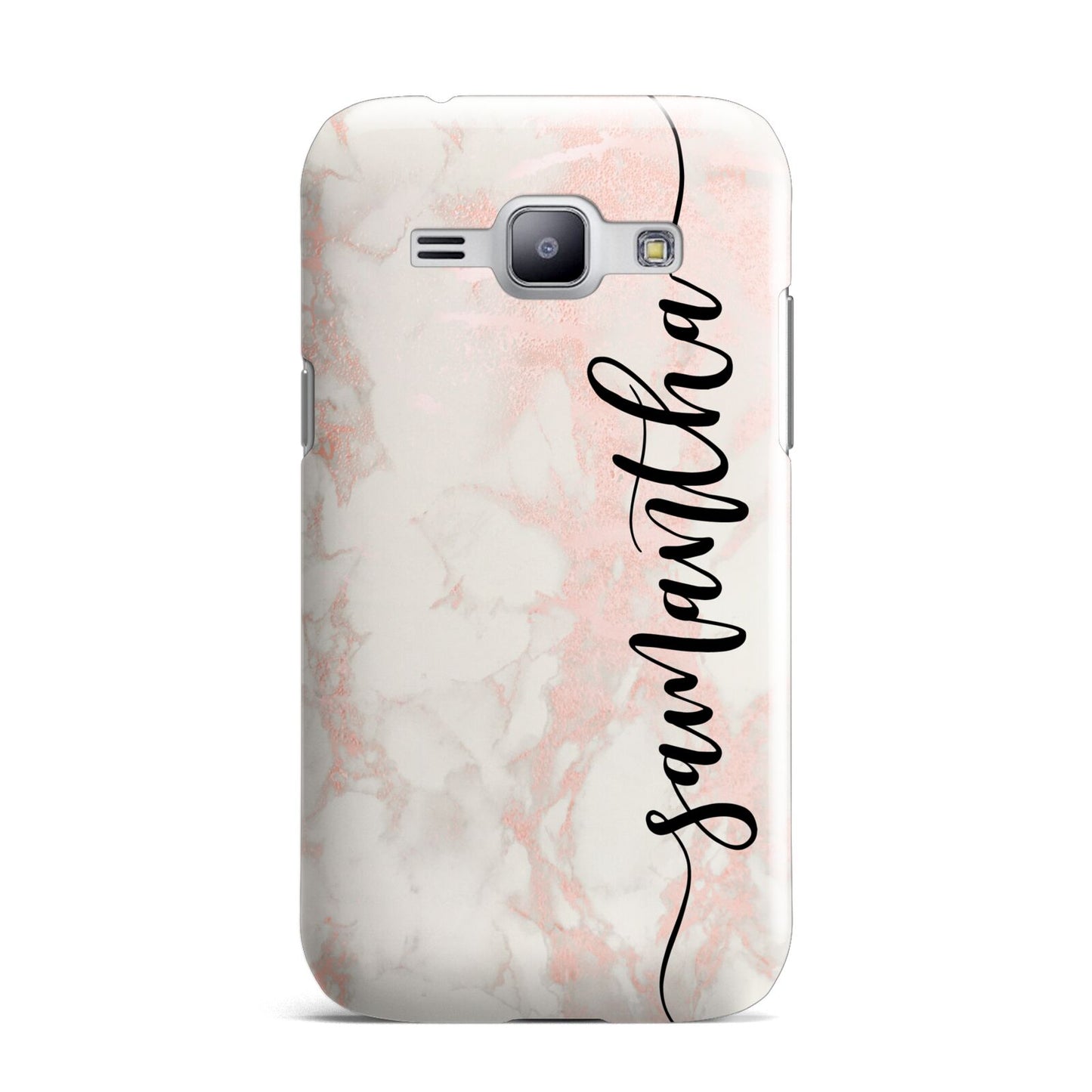 Pink Marble Vertical Black Personalised Name Samsung Galaxy J1 2015 Case