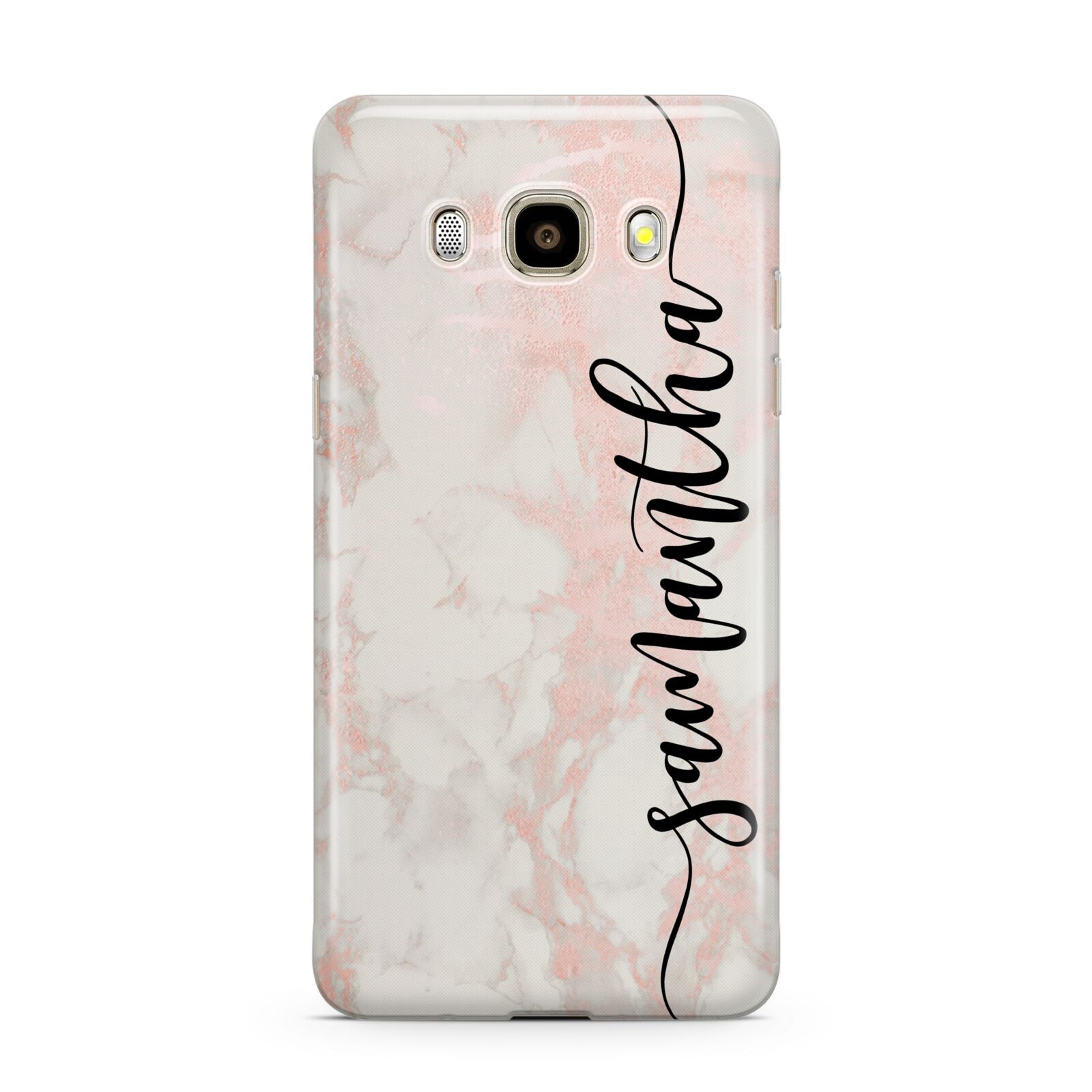 Pink Marble Vertical Black Personalised Name Samsung Galaxy J7 2016 Case on gold phone