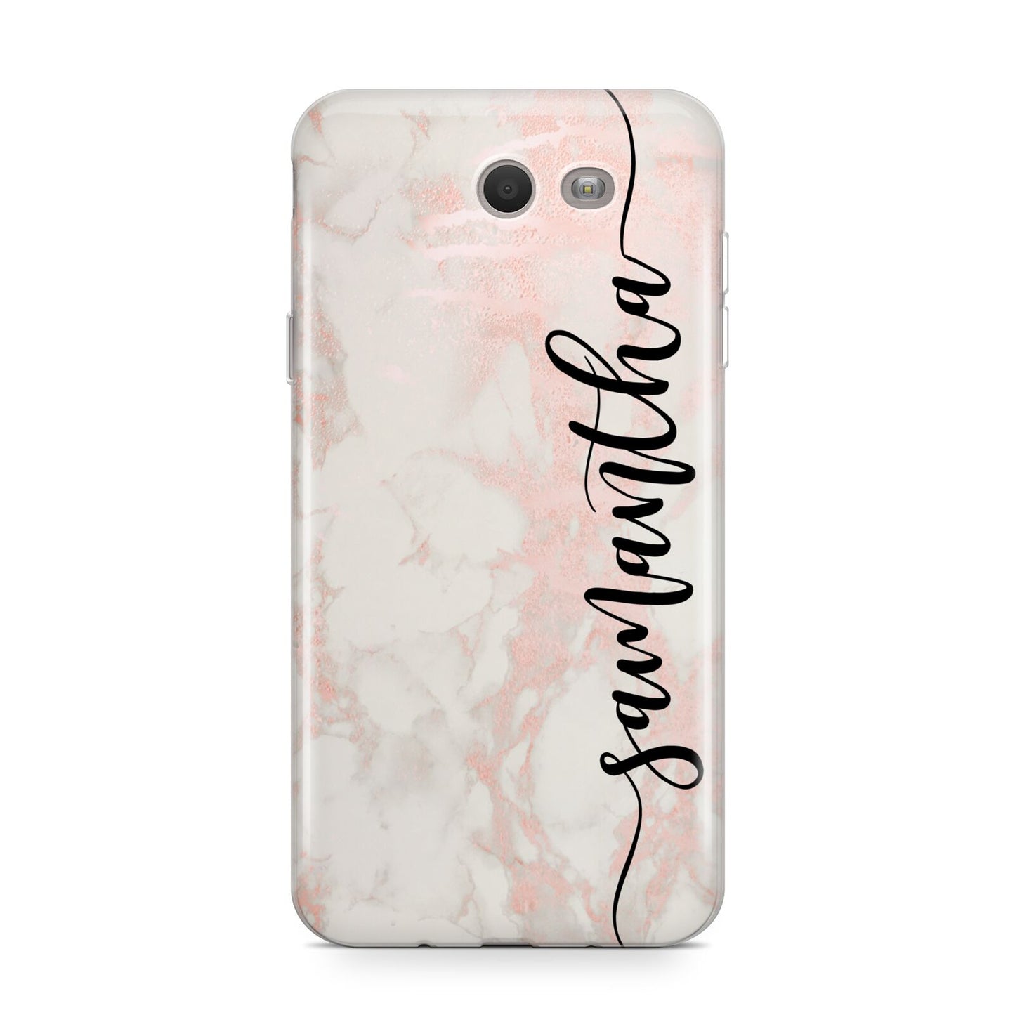 Pink Marble Vertical Black Personalised Name Samsung Galaxy J7 2017 Case