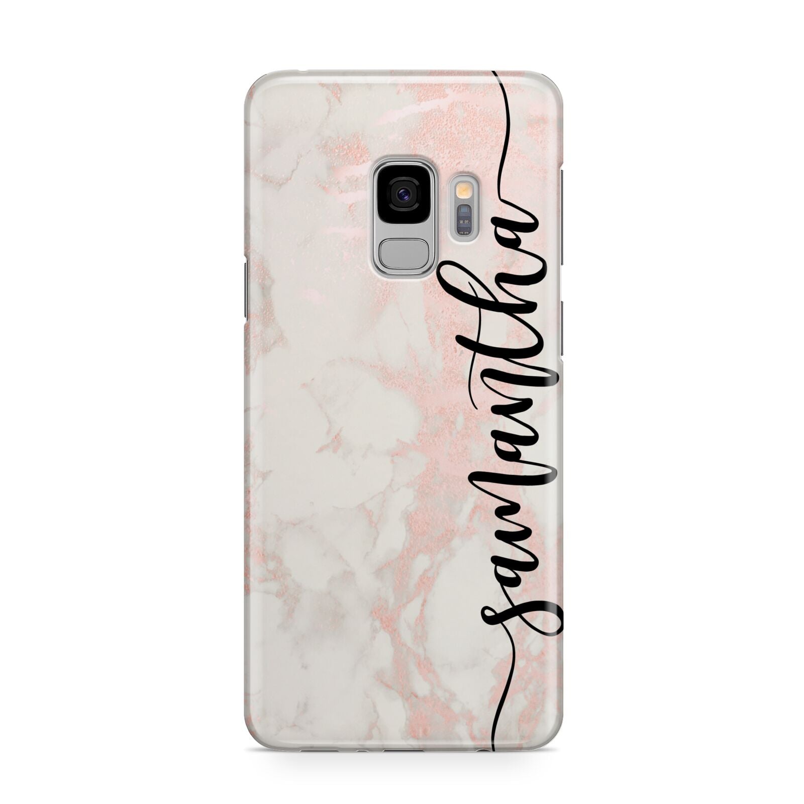 Pink Marble Vertical Black Personalised Name Samsung Galaxy S9 Case