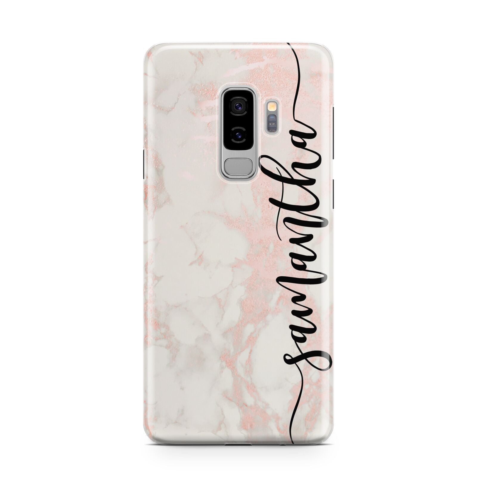 Pink Marble Vertical Black Personalised Name Samsung Galaxy S9 Plus Case on Silver phone