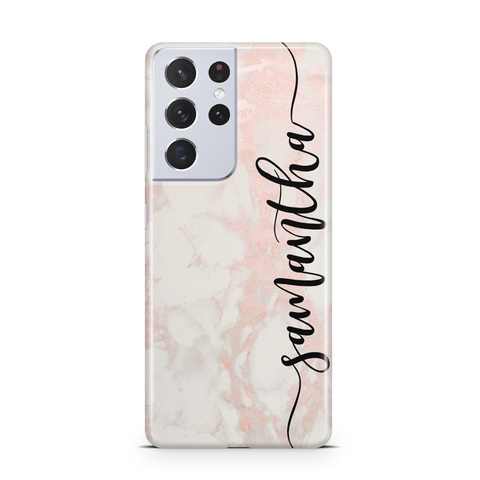 Pink Marble Vertical Black Personalised Name Samsung S21 Ultra Case