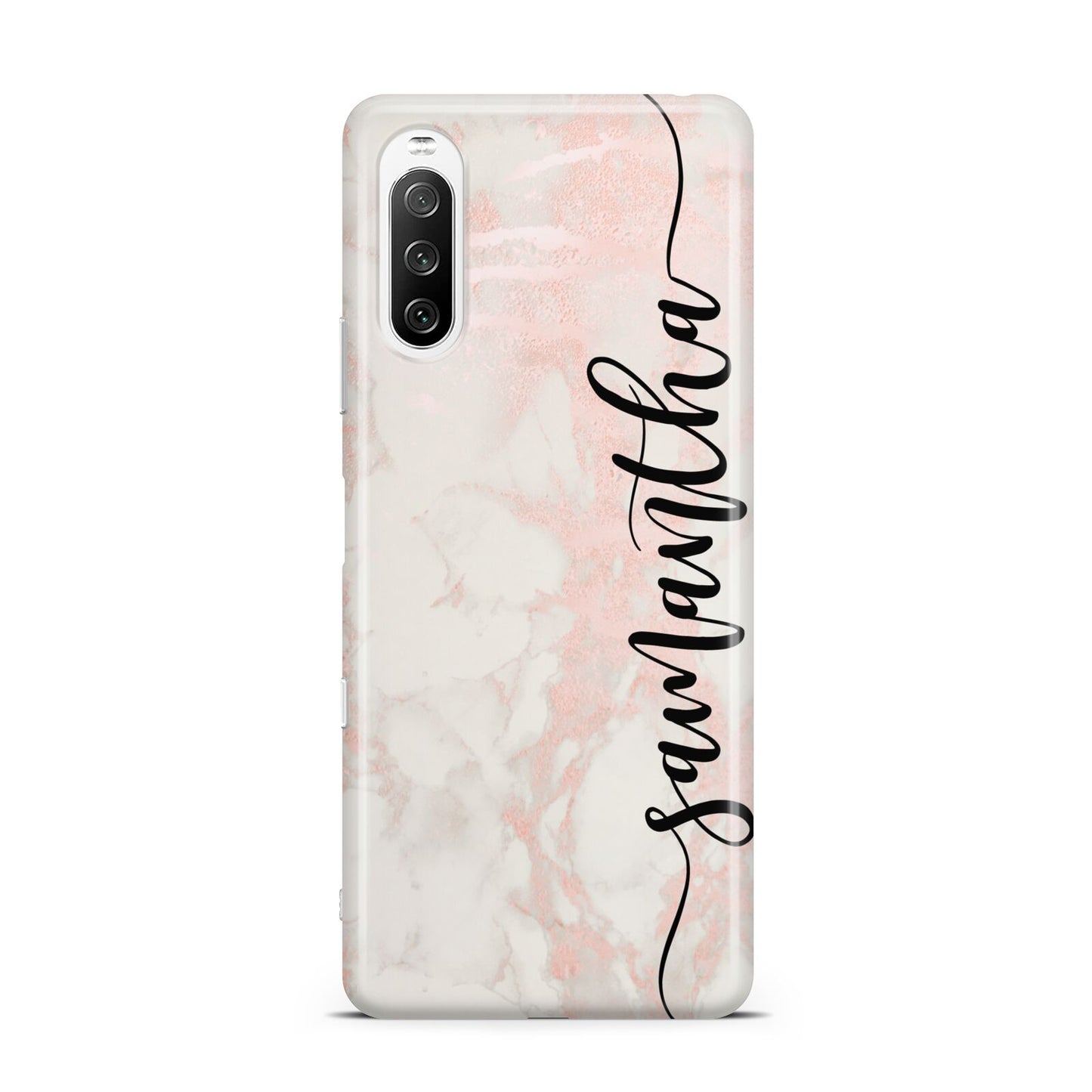 Pink Marble Vertical Black Personalised Name Sony Xperia 10 III Case