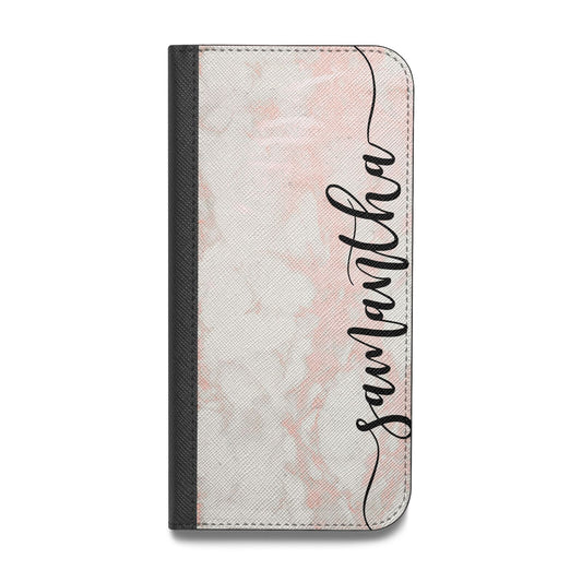 Pink Marble Vertical Black Personalised Name Vegan Leather Flip iPhone Case