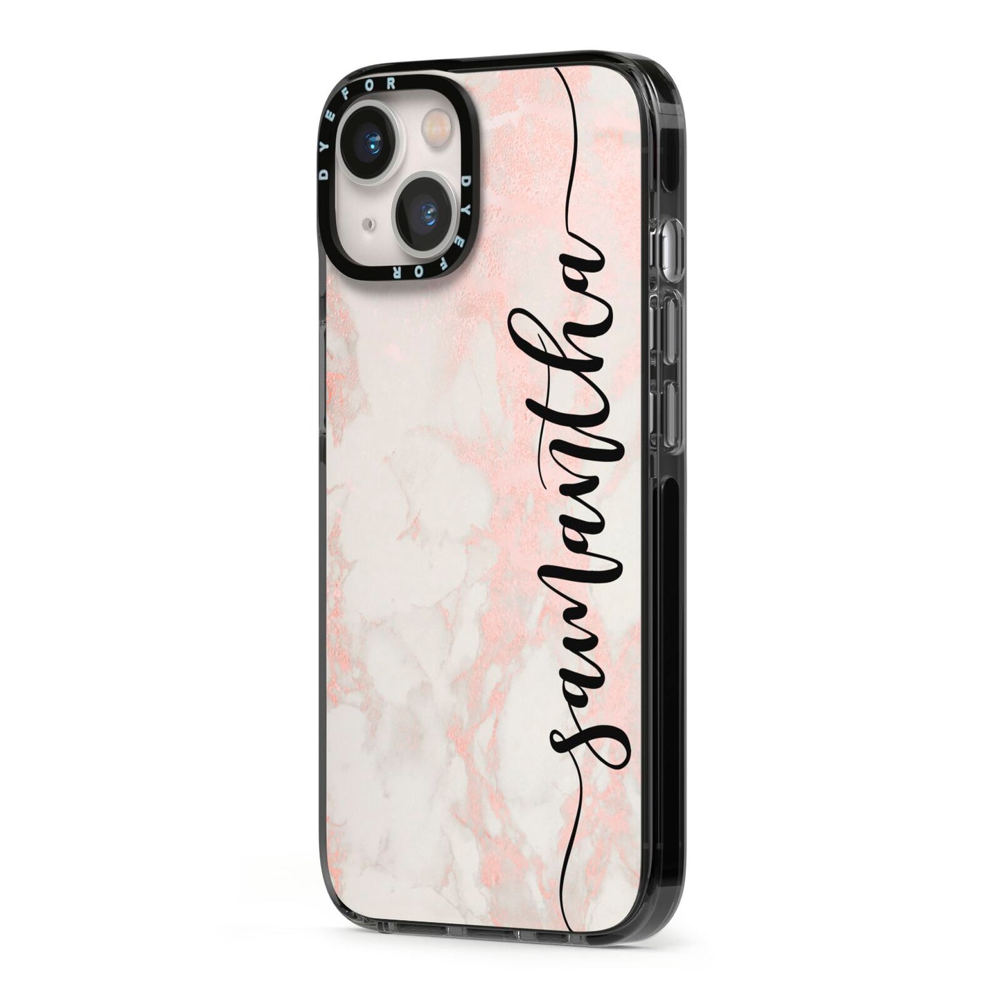 Pink Marble Vertical Black Personalised Name iPhone 13 Black Impact Case Side Angle on Silver phone