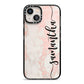 Pink Marble Vertical Black Personalised Name iPhone 13 Black Impact Case on Silver phone