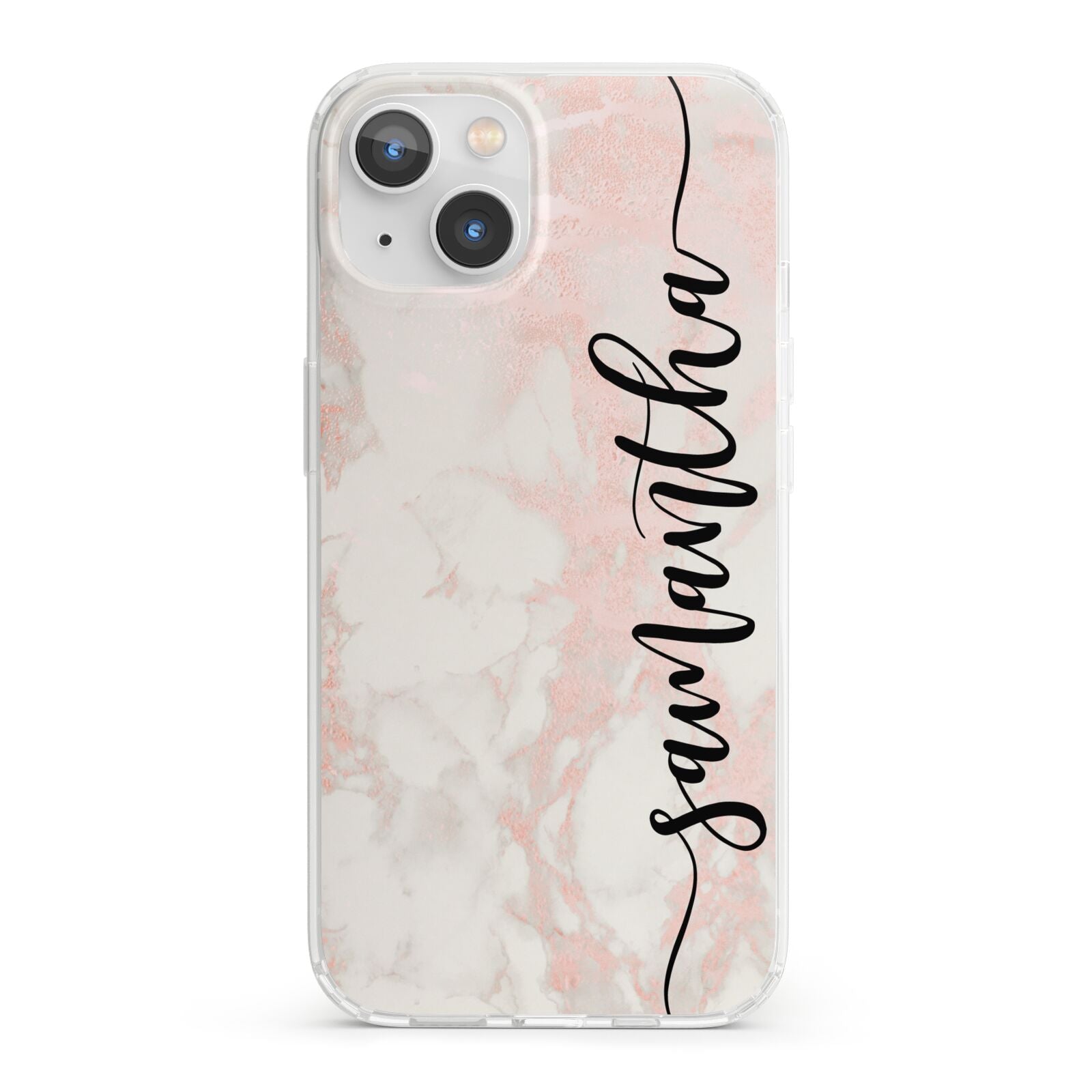 Pink Marble Vertical Black Personalised Name iPhone 13 Clear Bumper Case