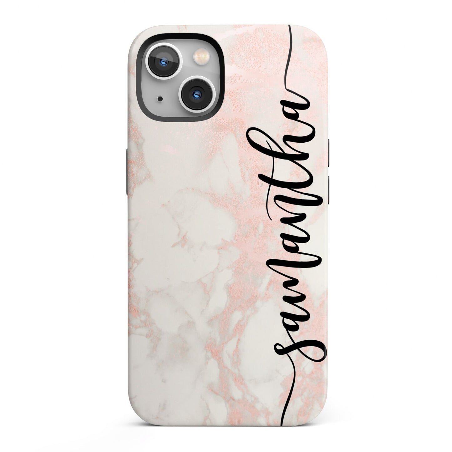 Pink Marble Vertical Black Personalised Name iPhone 13 Full Wrap 3D Tough Case