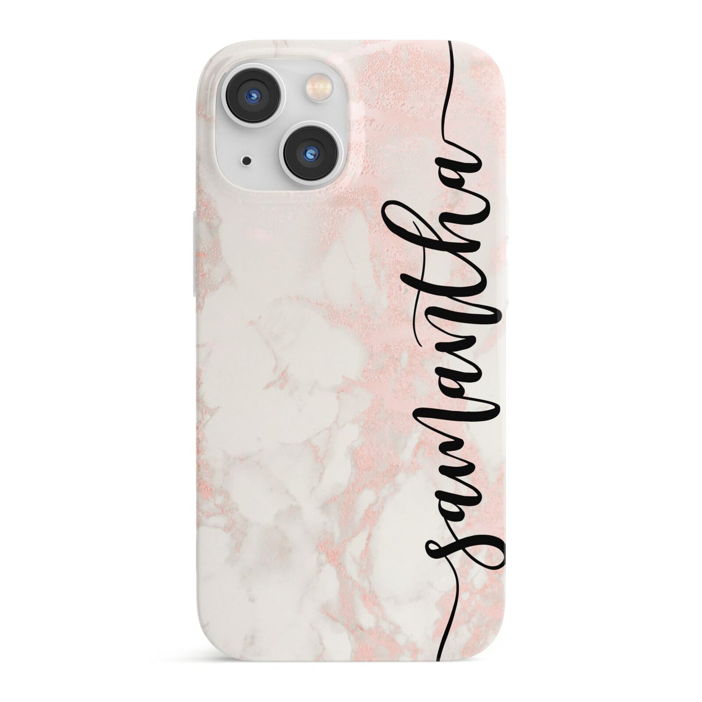 Pink Marble Vertical Black Personalised Name iPhone 13 Mini Full Wrap 3D Snap Case