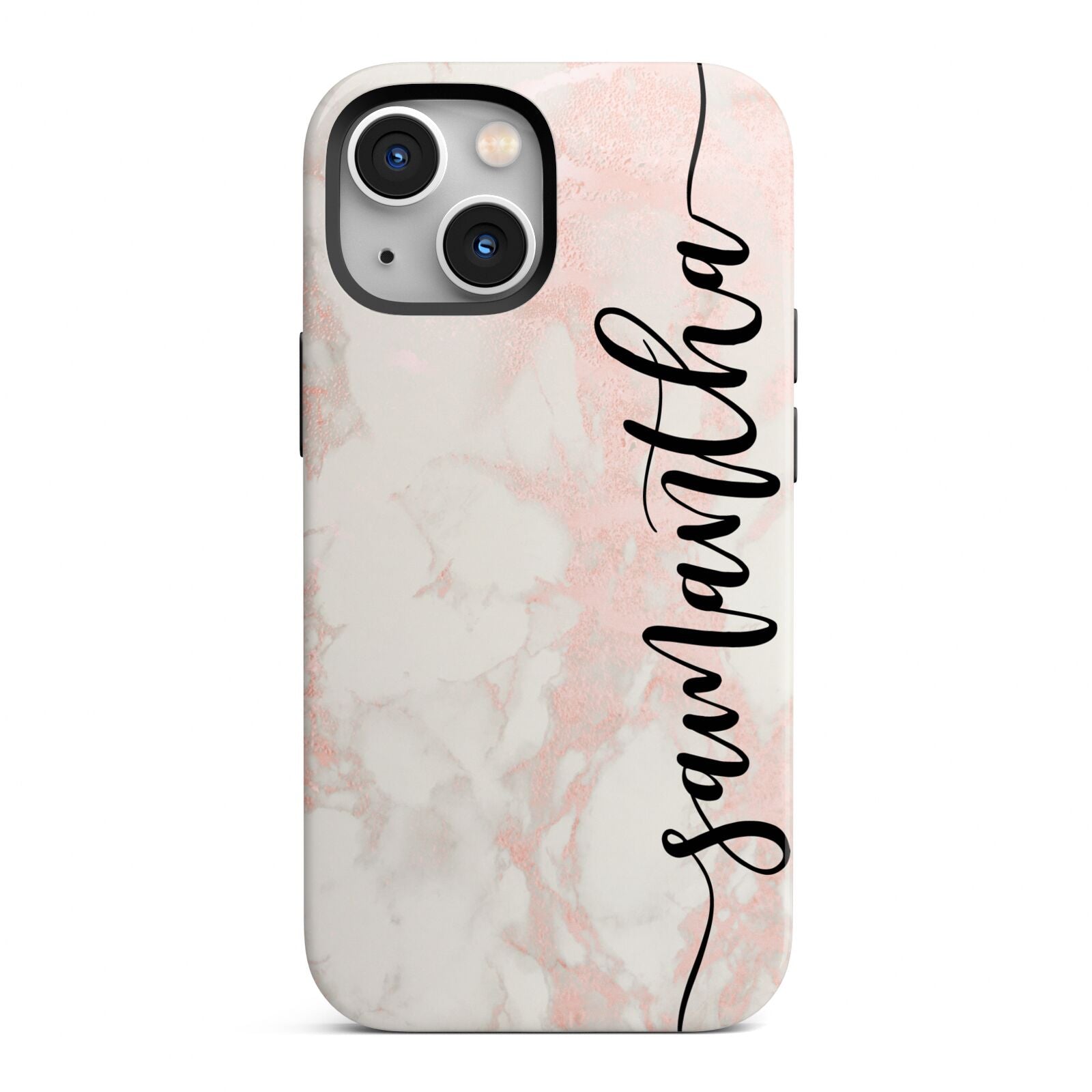 Pink Marble Vertical Black Personalised Name iPhone 13 Mini Full Wrap 3D Tough Case