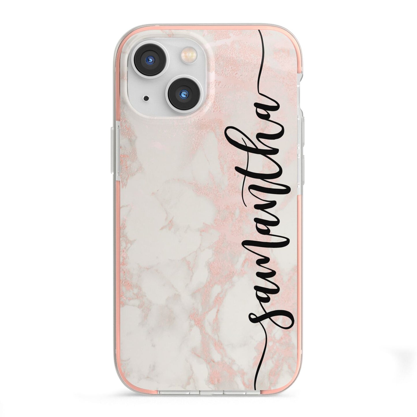 Pink Marble Vertical Black Personalised Name iPhone 13 Mini TPU Impact Case with Pink Edges