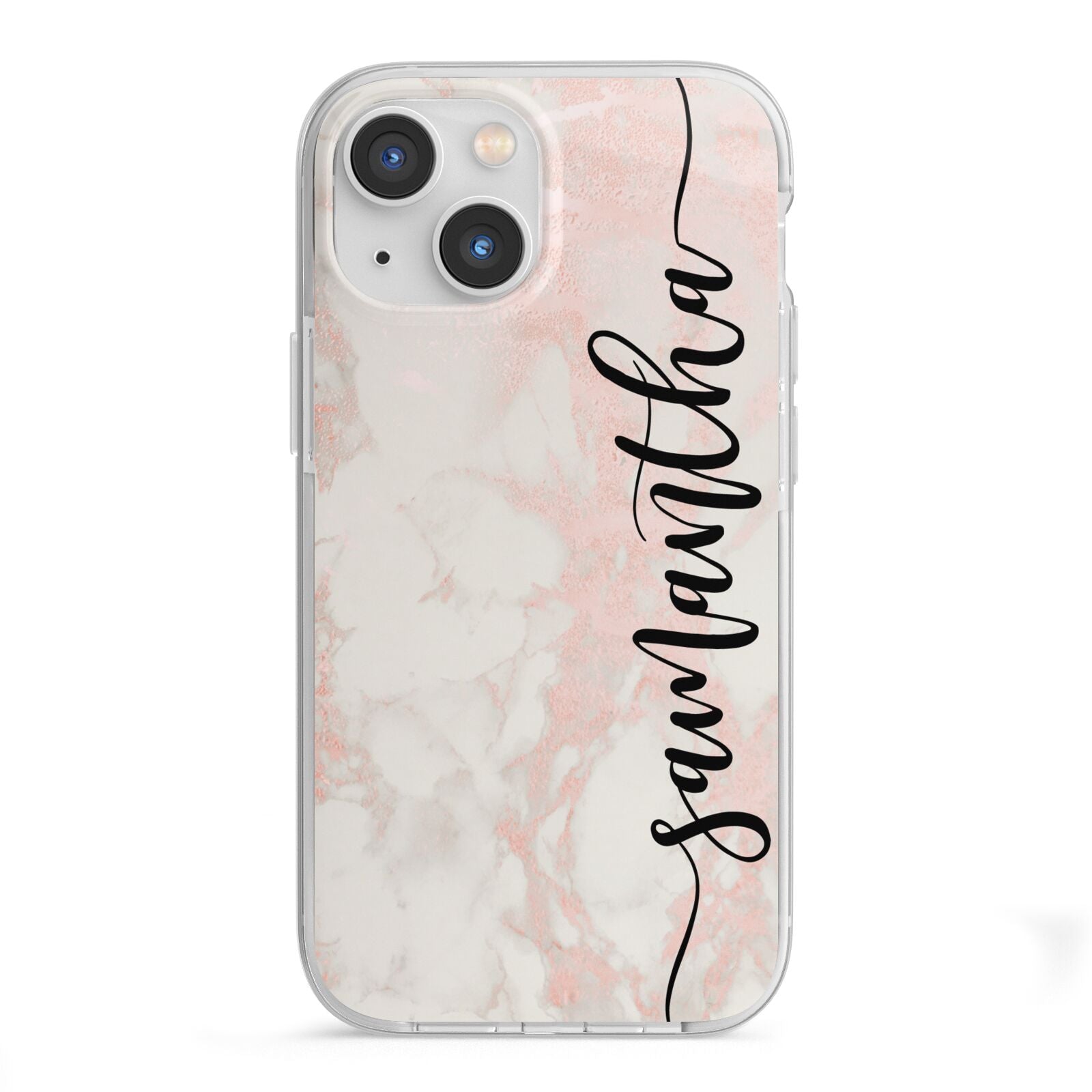 Pink Marble Vertical Black Personalised Name iPhone 13 Mini TPU Impact Case with White Edges