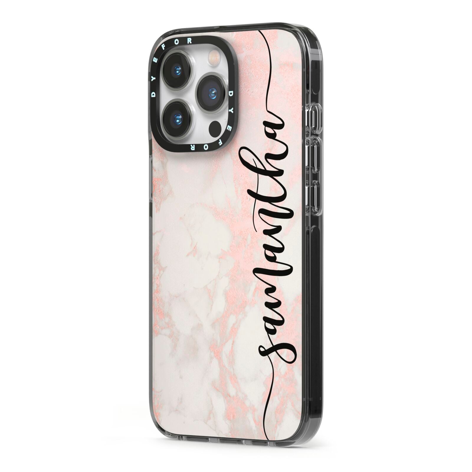 Pink Marble Vertical Black Personalised Name iPhone 13 Pro Black Impact Case Side Angle on Silver phone