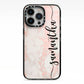 Pink Marble Vertical Black Personalised Name iPhone 13 Pro Black Impact Case on Silver phone