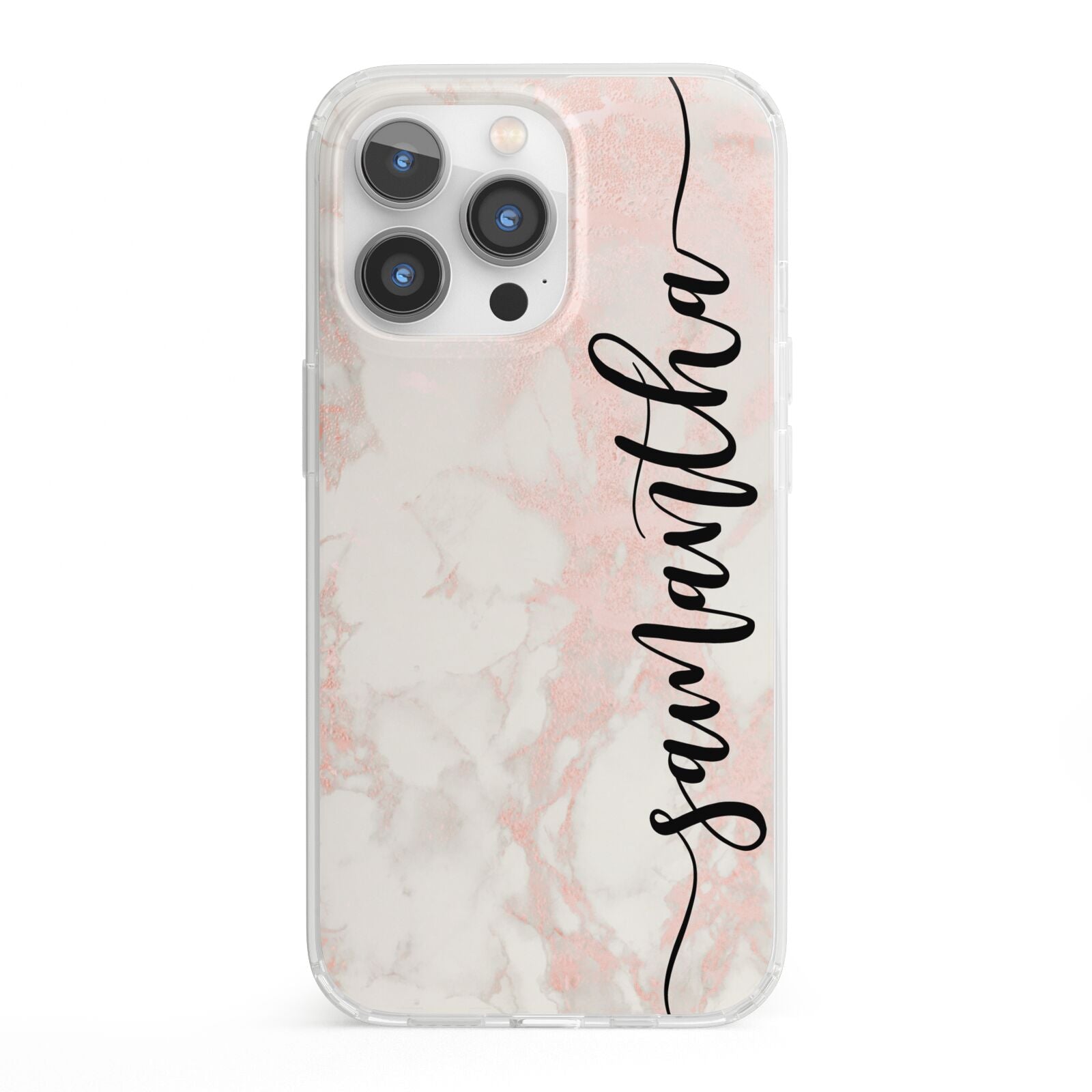 Pink Marble Vertical Black Personalised Name iPhone 13 Pro Clear Bumper Case