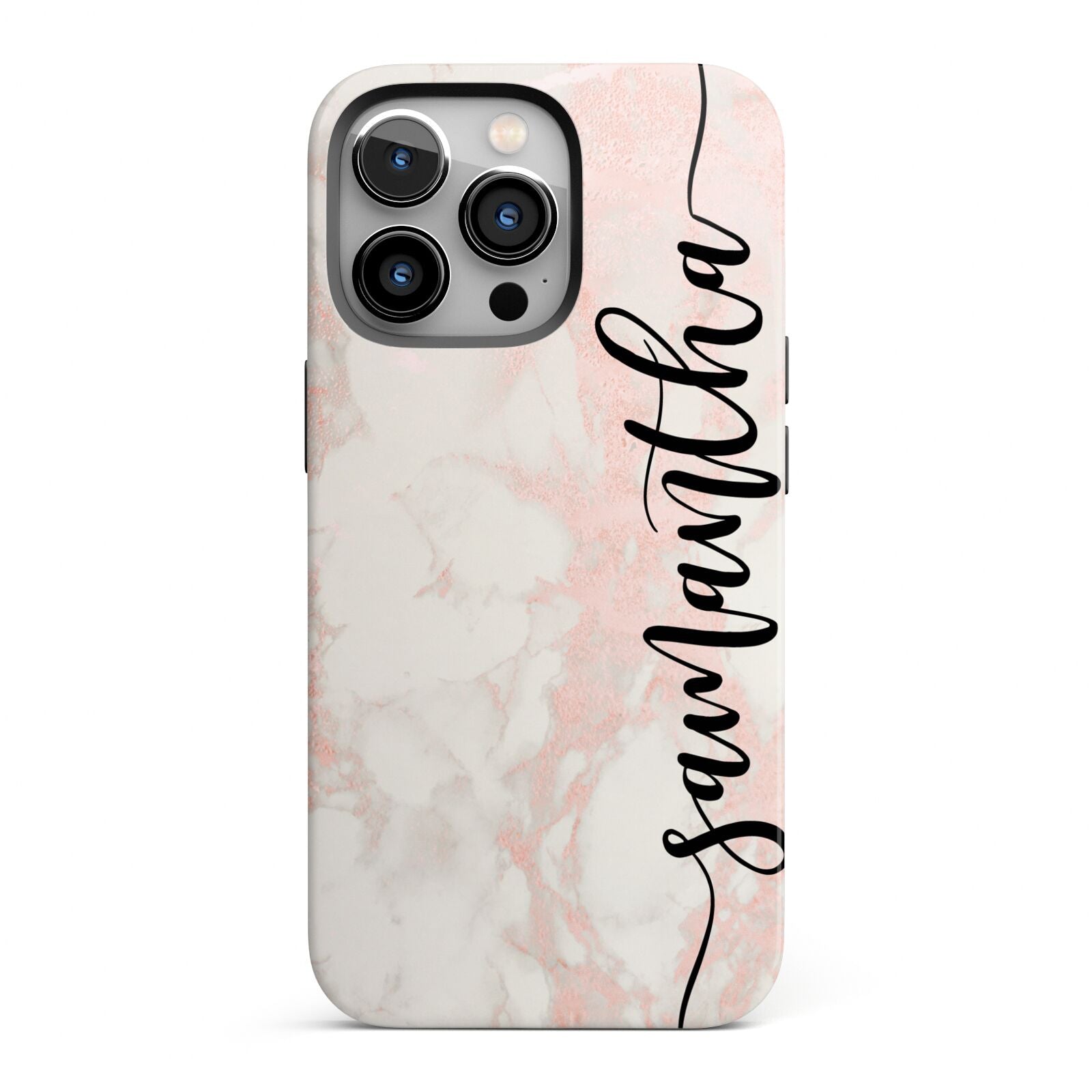 Pink Marble Vertical Black Personalised Name iPhone 13 Pro Full Wrap 3D Tough Case