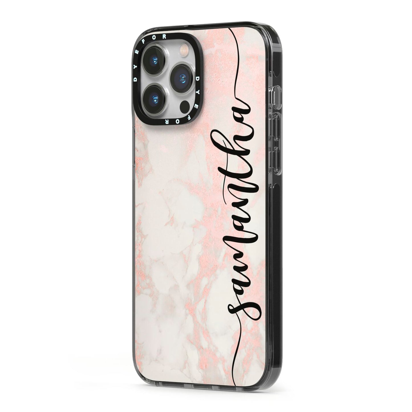 Pink Marble Vertical Black Personalised Name iPhone 13 Pro Max Black Impact Case Side Angle on Silver phone