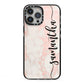 Pink Marble Vertical Black Personalised Name iPhone 13 Pro Max Black Impact Case on Silver phone