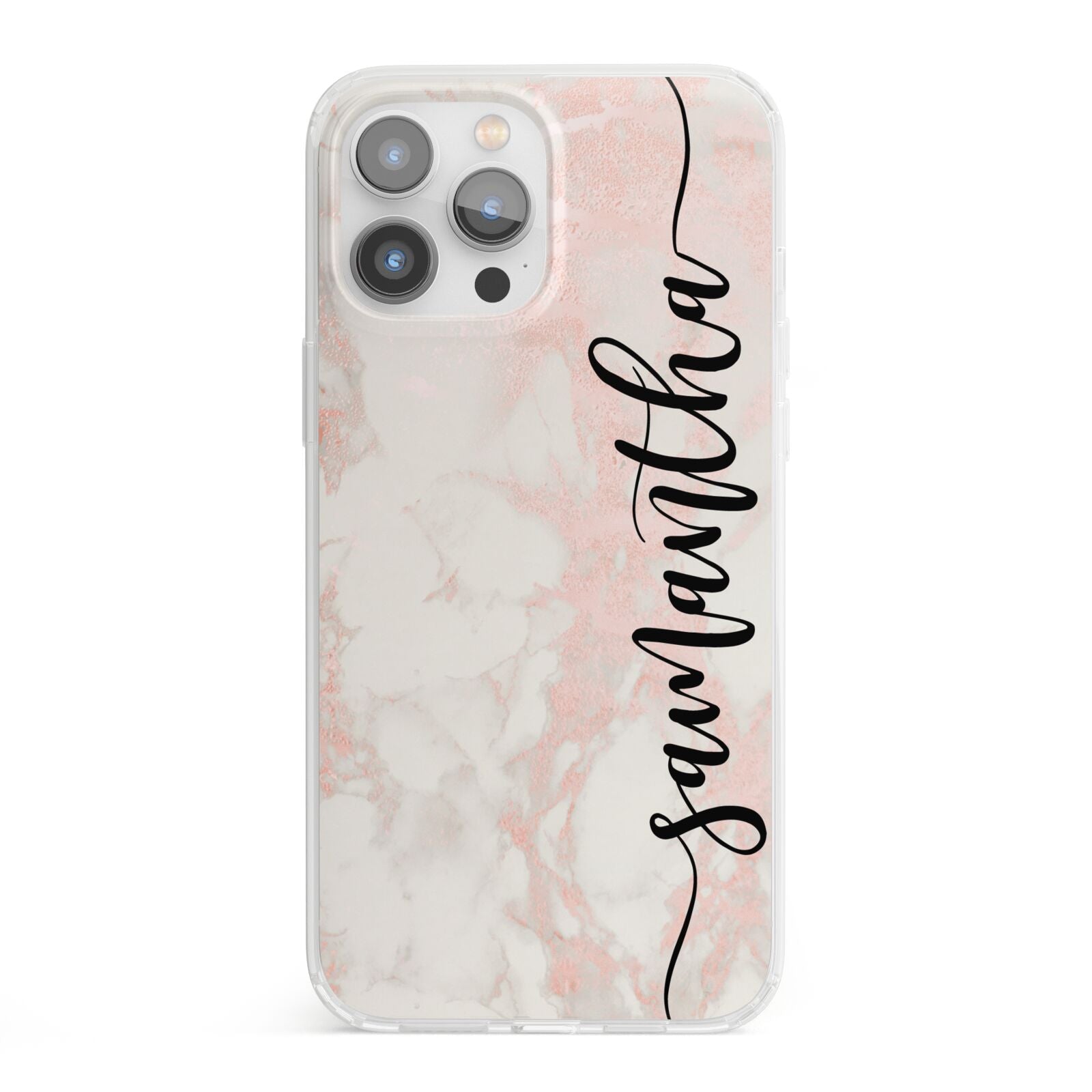Pink Marble Vertical Black Personalised Name iPhone 13 Pro Max Clear Bumper Case
