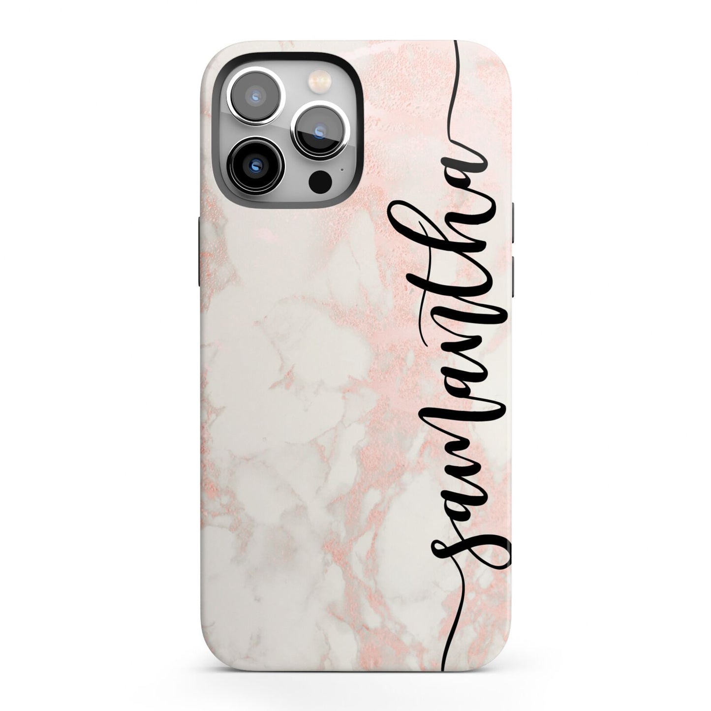 Pink Marble Vertical Black Personalised Name iPhone 13 Pro Max Full Wrap 3D Tough Case