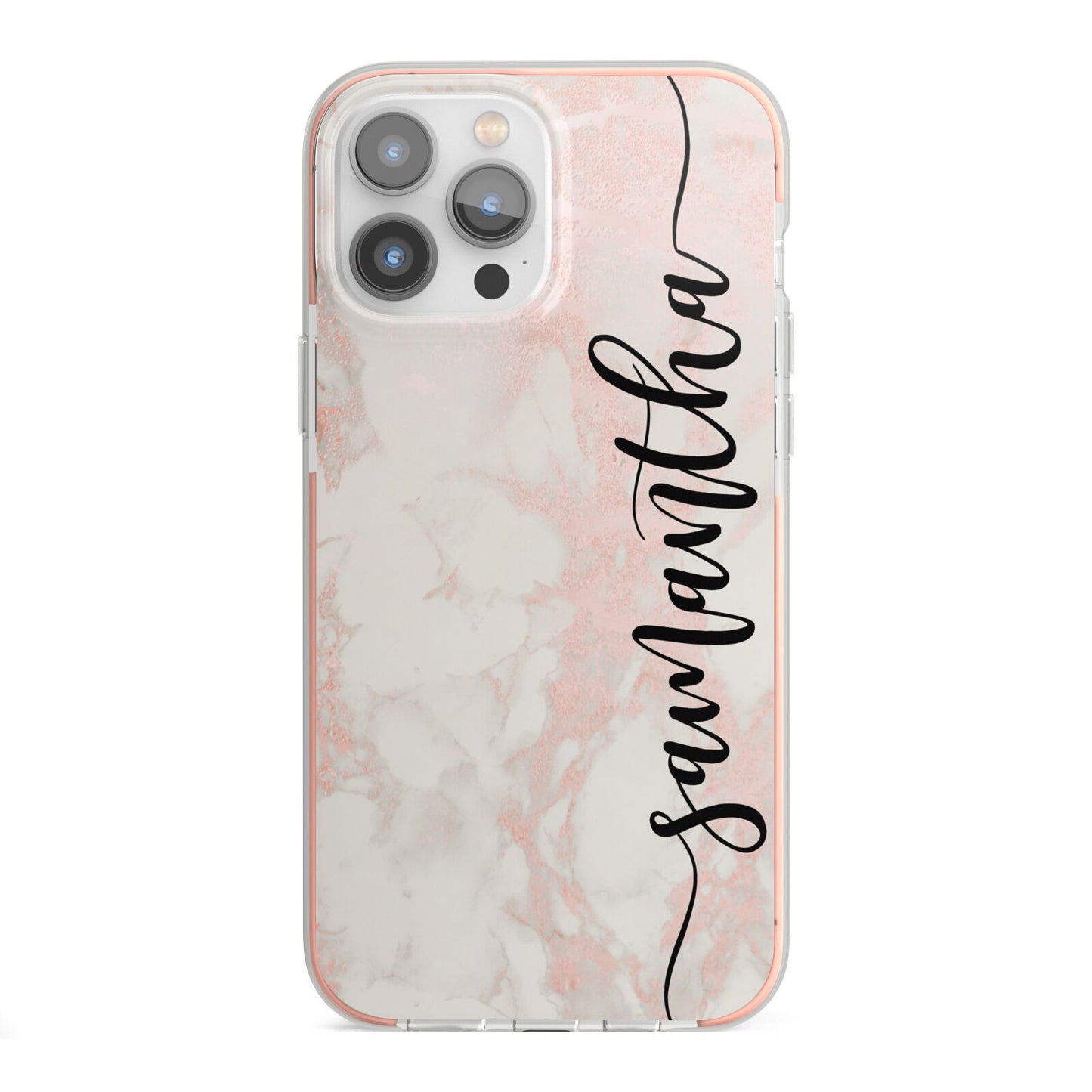 Pink Marble Vertical Black Personalised Name iPhone 13 Pro Max TPU Impact Case with Pink Edges
