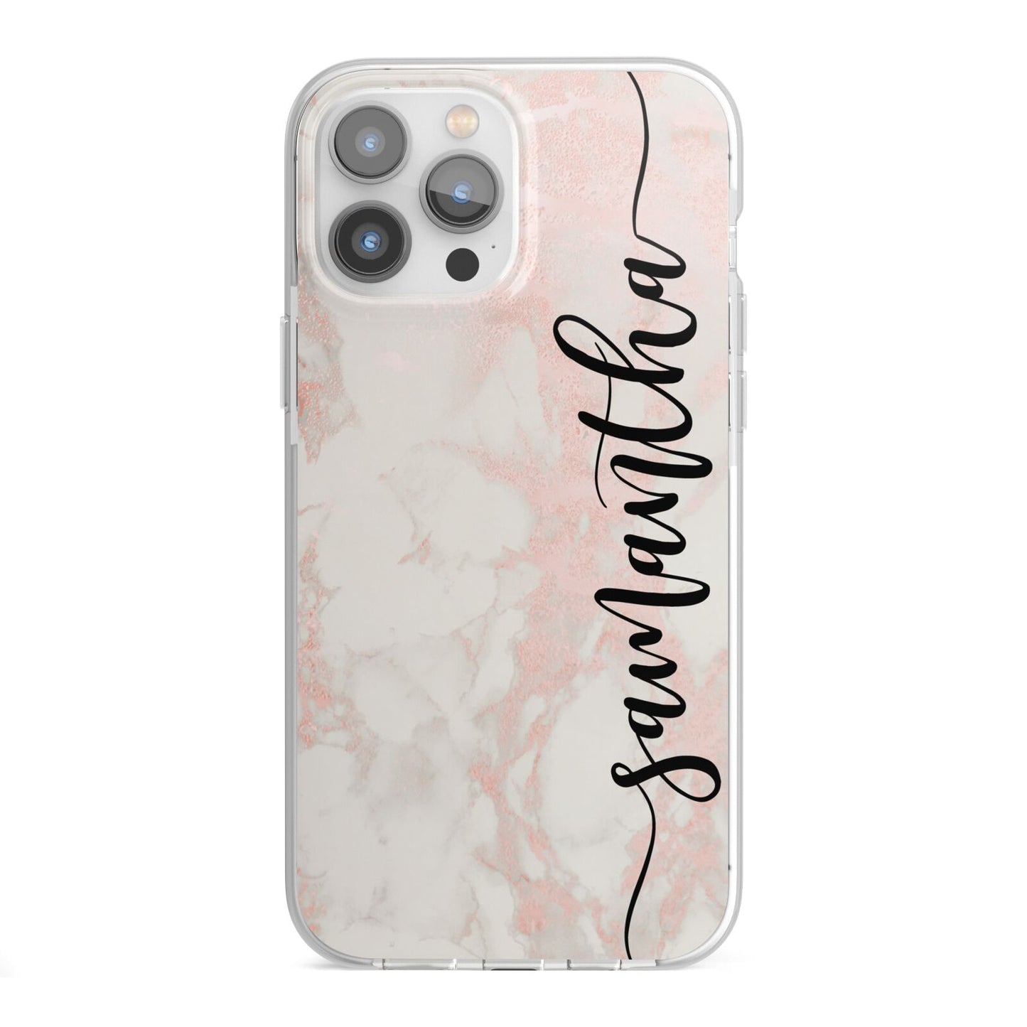 Pink Marble Vertical Black Personalised Name iPhone 13 Pro Max TPU Impact Case with White Edges