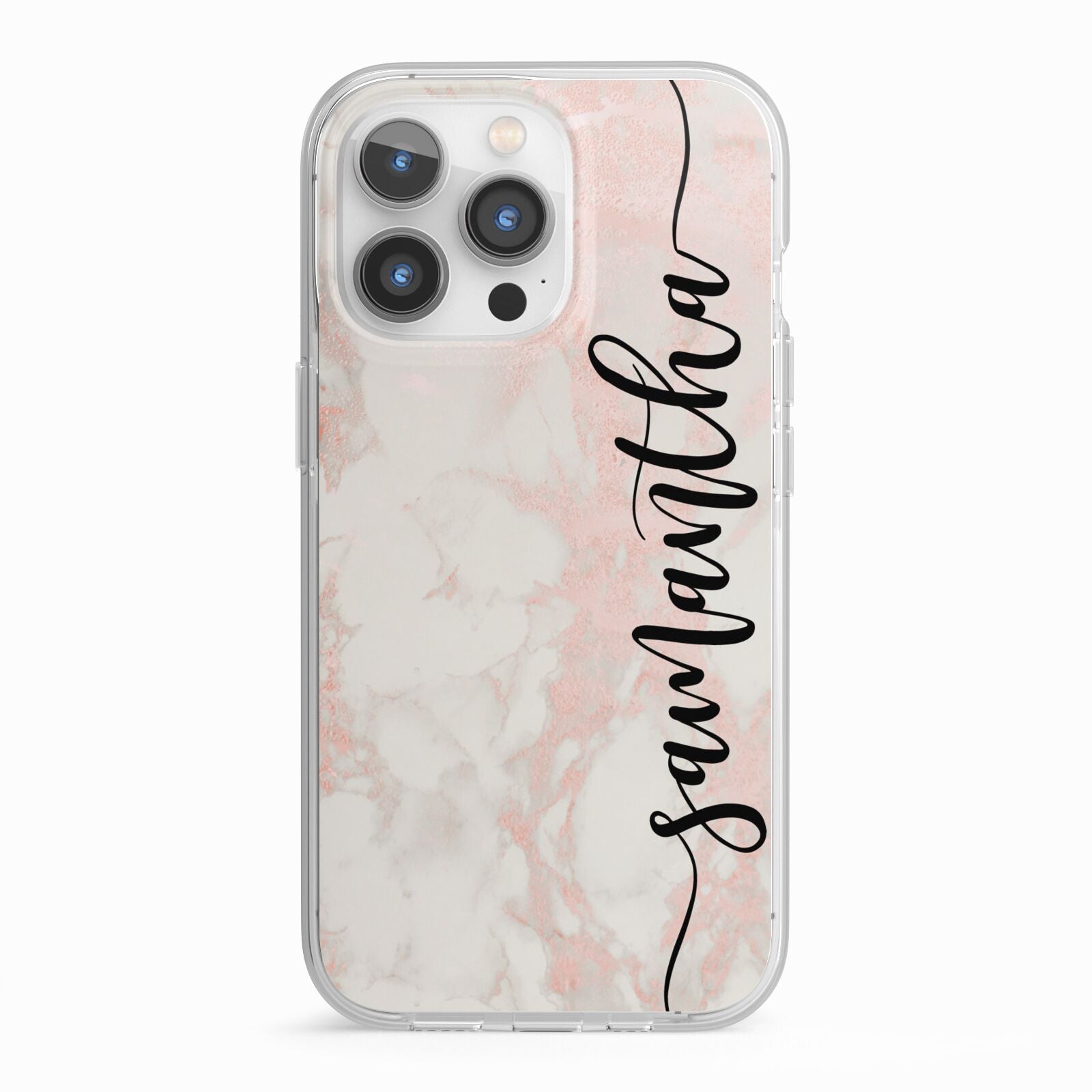 Pink Marble Vertical Black Personalised Name iPhone 13 Pro TPU Impact Case with White Edges