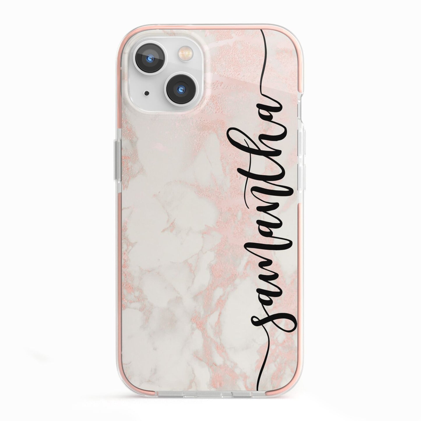 Pink Marble Vertical Black Personalised Name iPhone 13 TPU Impact Case with Pink Edges