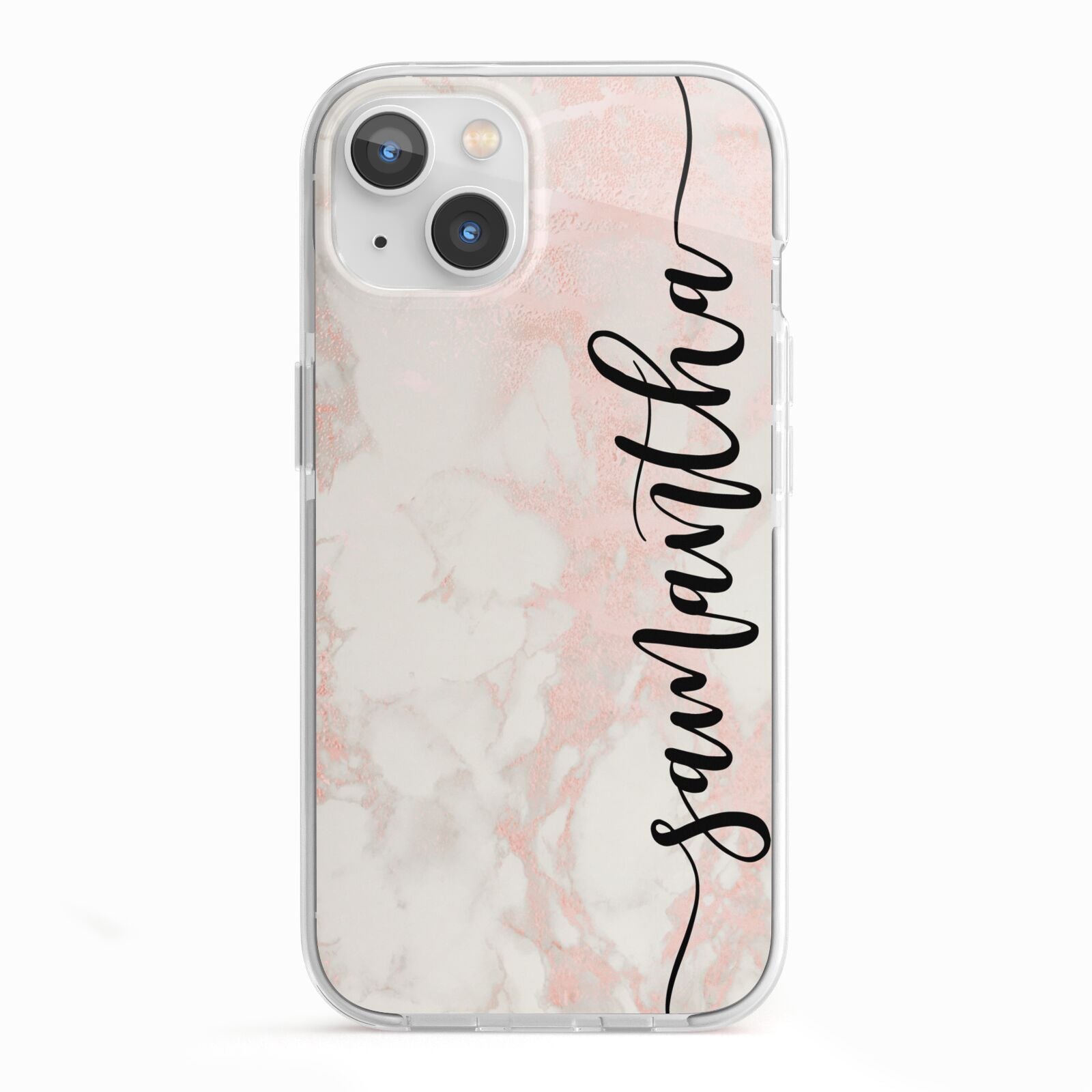 Pink Marble Vertical Black Personalised Name iPhone 13 TPU Impact Case with White Edges