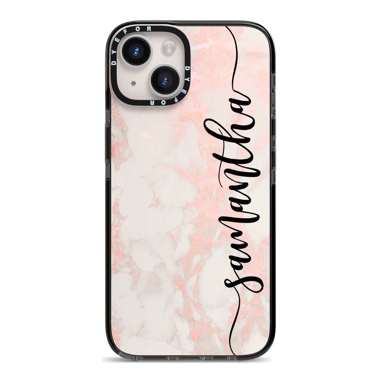 Pink Marble Vertical Black Personalised Name iPhone 14 Black Impact Case on Silver phone