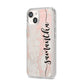 Pink Marble Vertical Black Personalised Name iPhone 14 Clear Tough Case Starlight Angled Image
