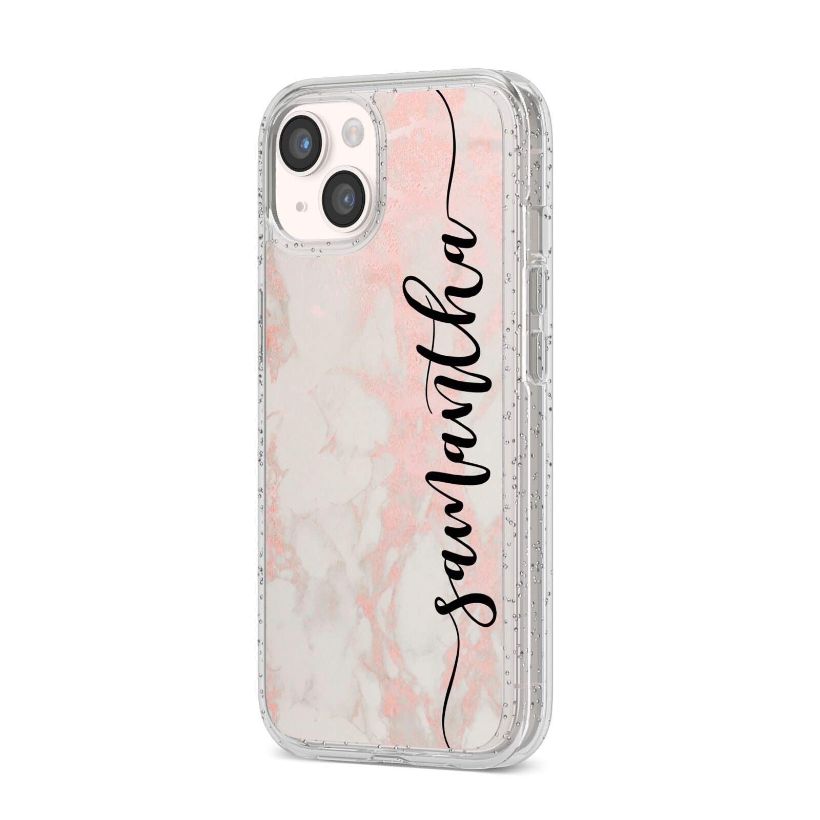 Pink Marble Vertical Black Personalised Name iPhone 14 Glitter Tough Case Starlight Angled Image