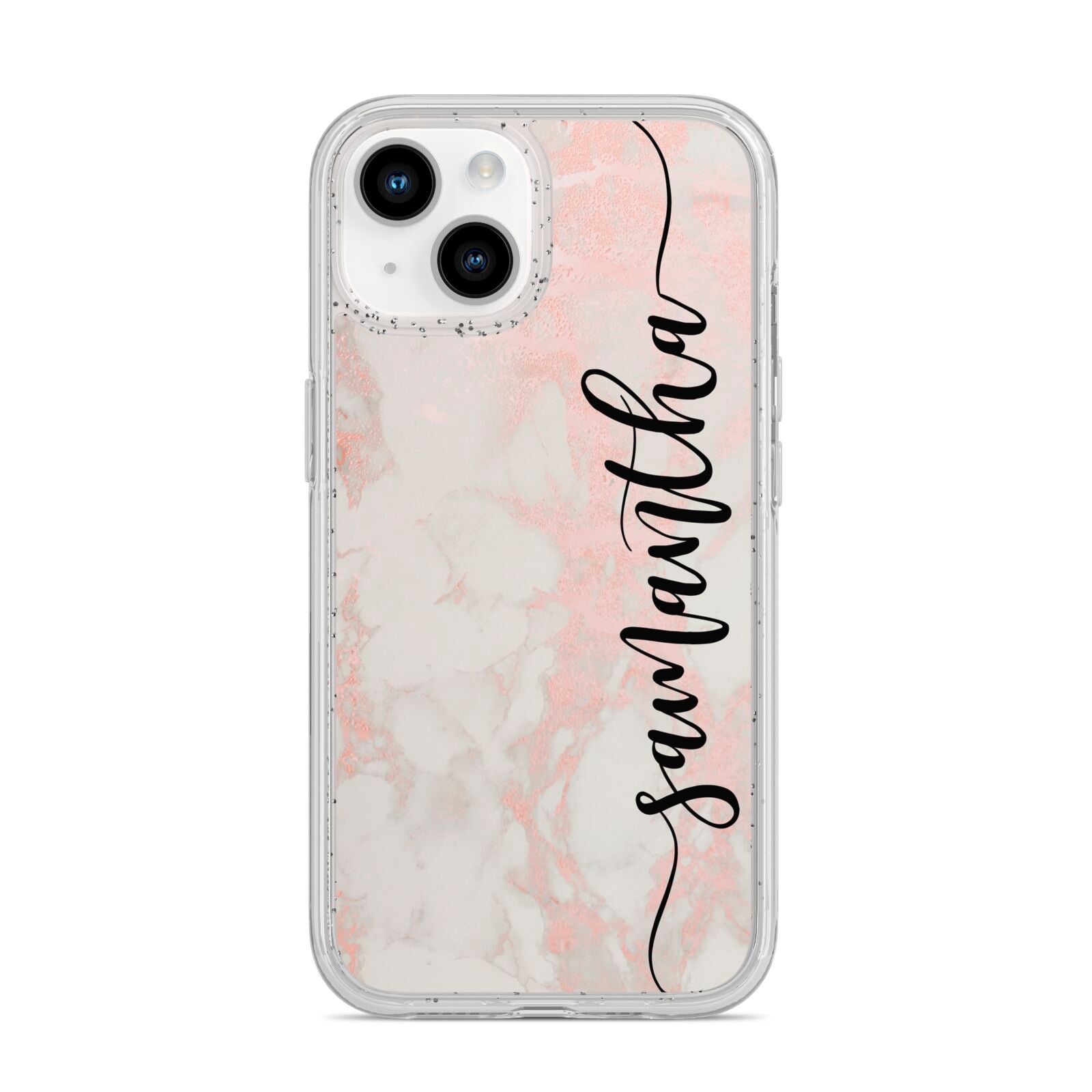 Pink Marble Vertical Black Personalised Name iPhone 14 Glitter Tough Case Starlight