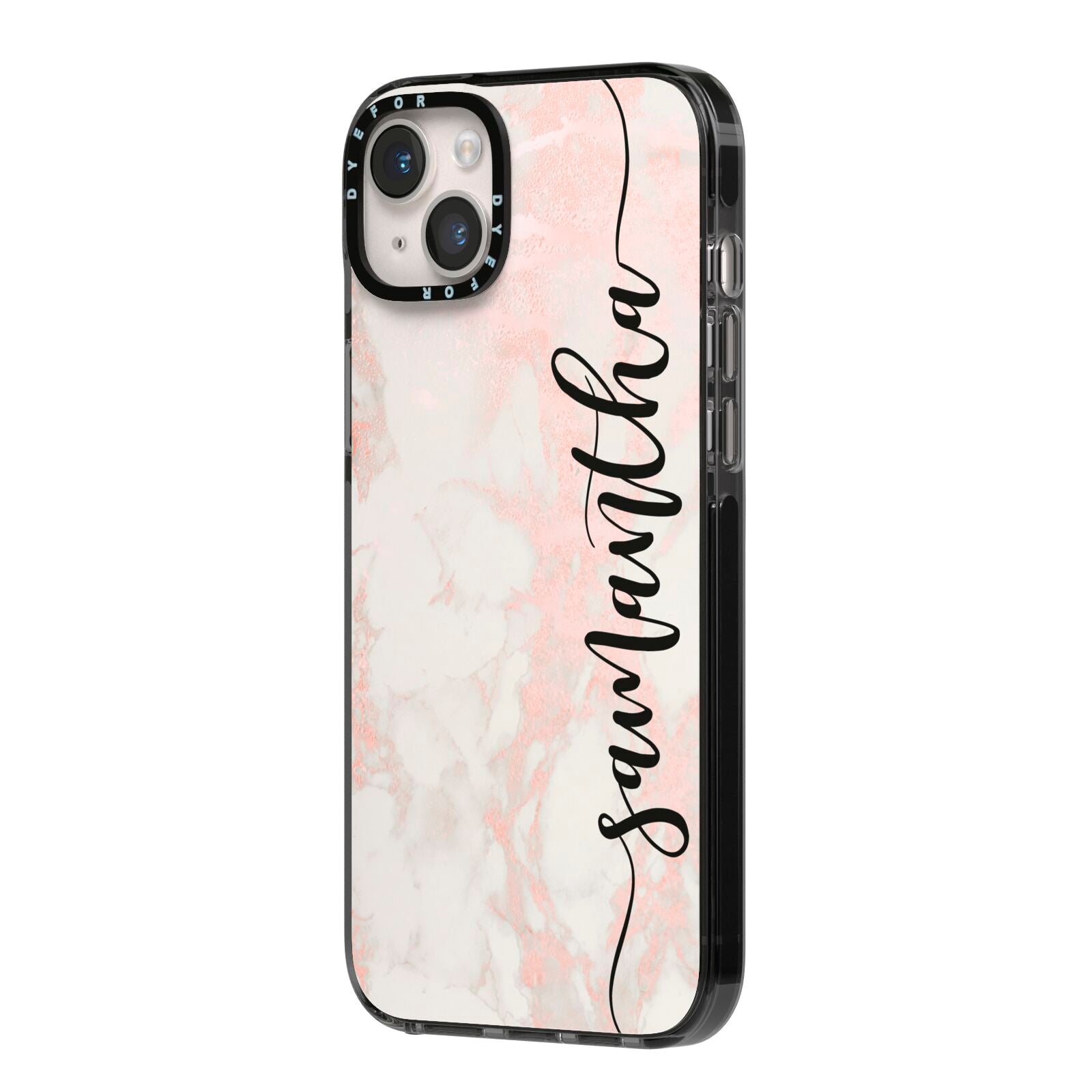 Pink Marble Vertical Black Personalised Name iPhone 14 Plus Black Impact Case Side Angle on Silver phone