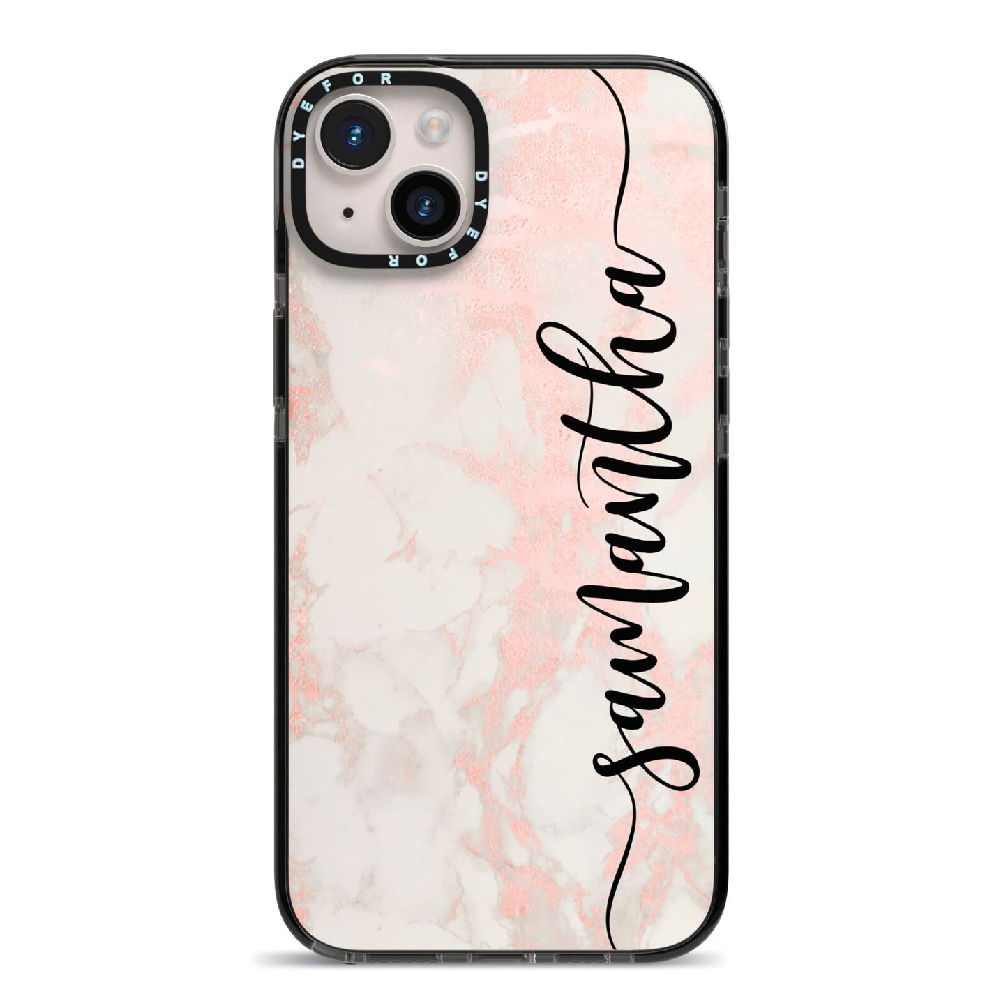Pink Marble Vertical Black Personalised Name iPhone 14 Plus Black Impact Case on Silver phone