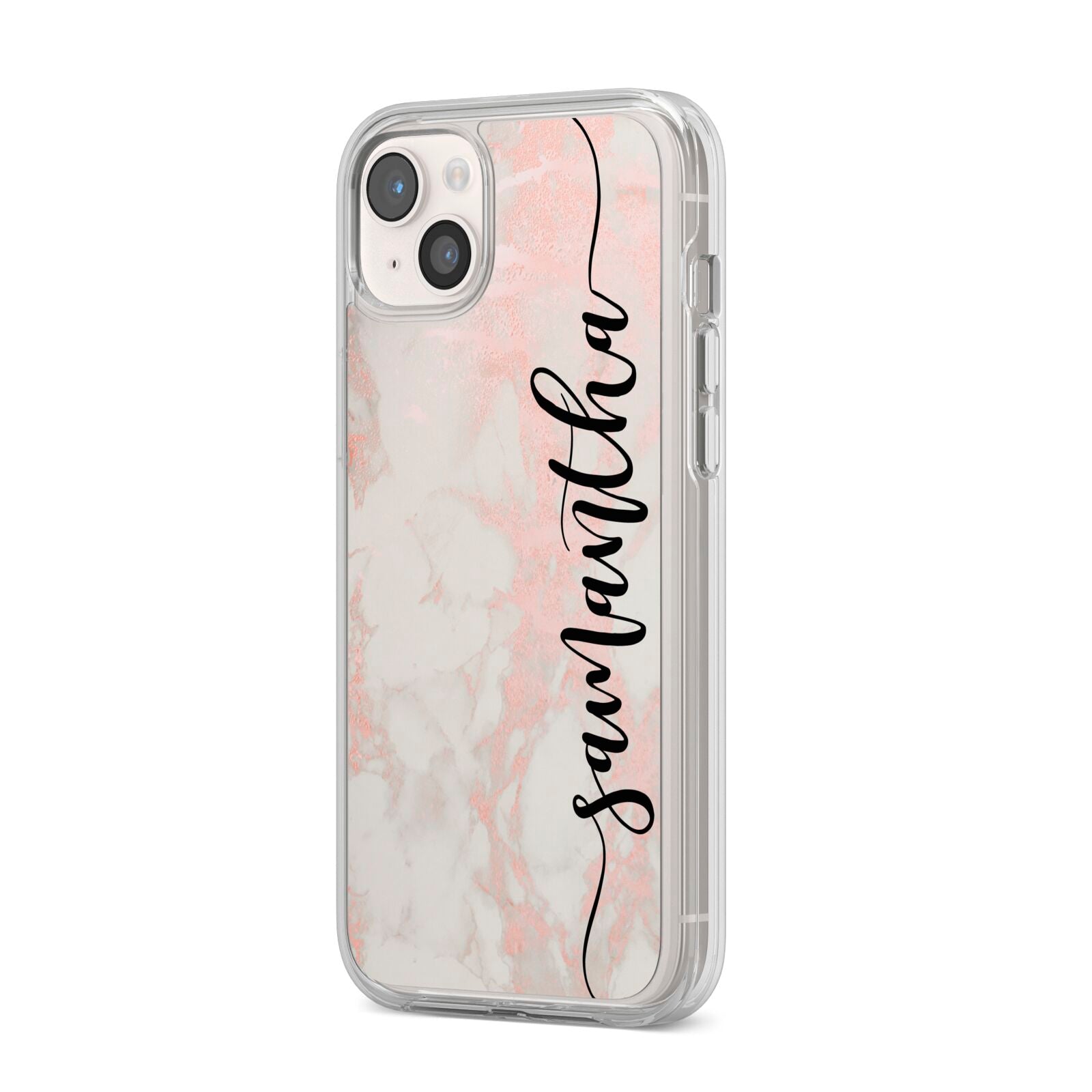 Pink Marble Vertical Black Personalised Name iPhone 14 Plus Clear Tough Case Starlight Angled Image