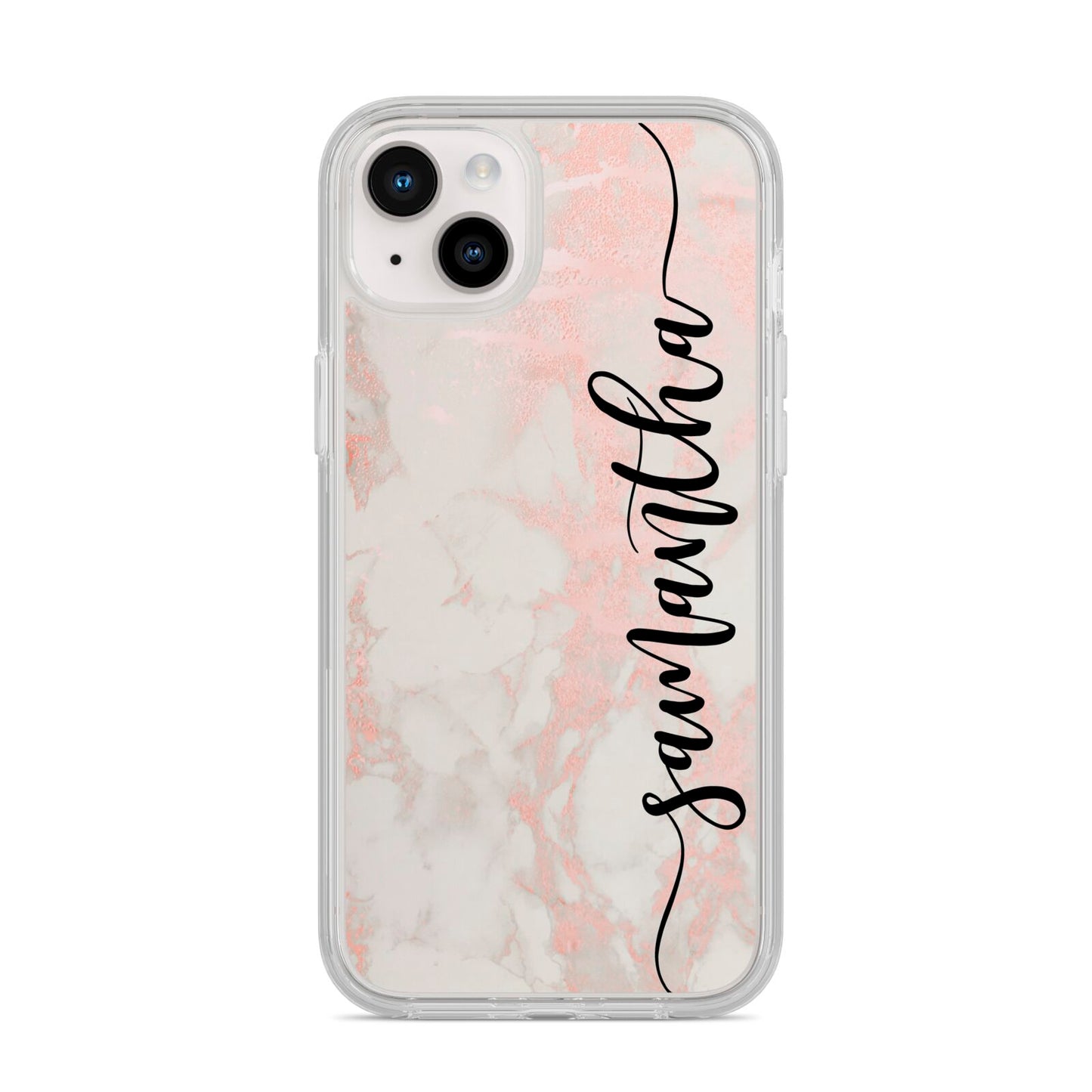 Pink Marble Vertical Black Personalised Name iPhone 14 Plus Clear Tough Case Starlight