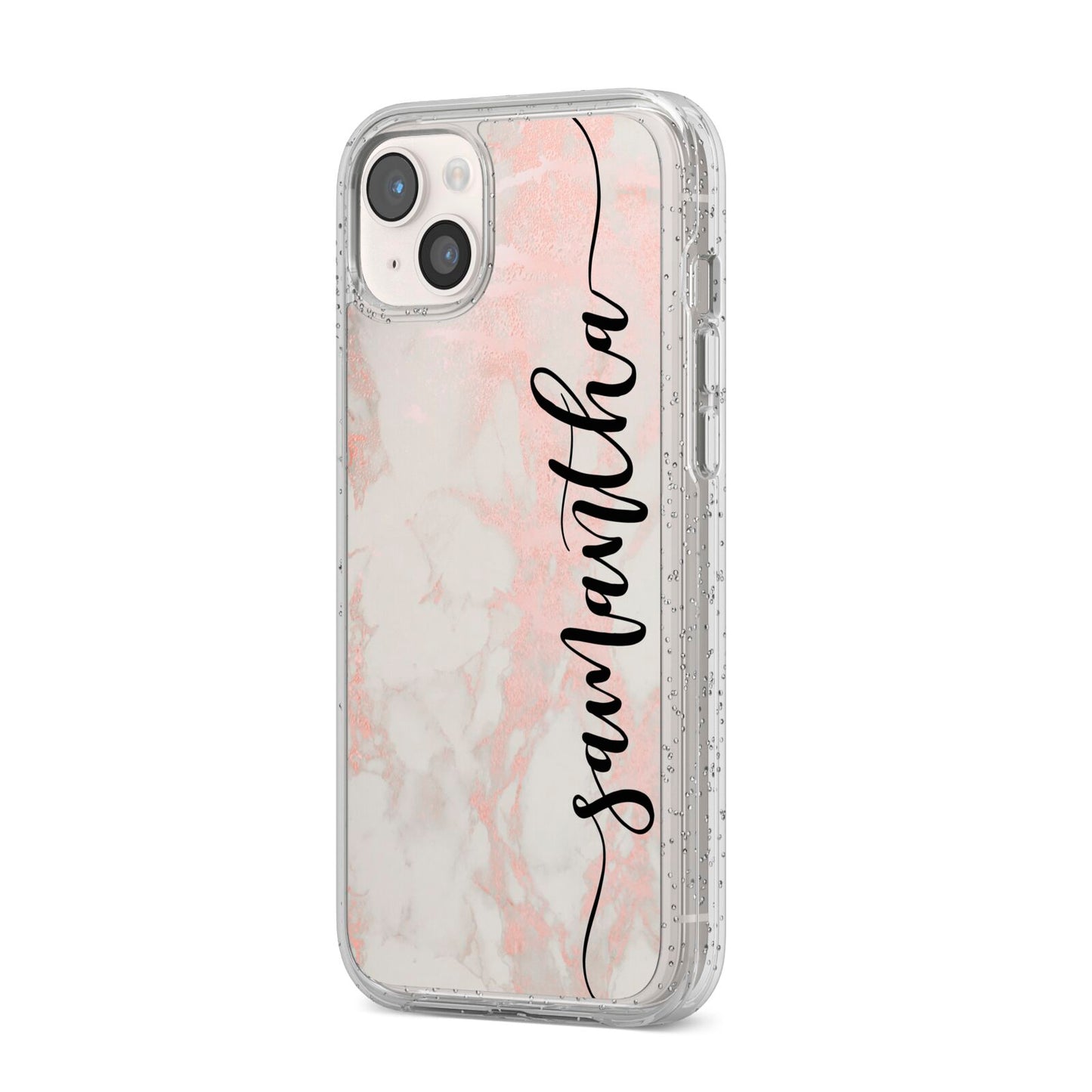 Pink Marble Vertical Black Personalised Name iPhone 14 Plus Glitter Tough Case Starlight Angled Image