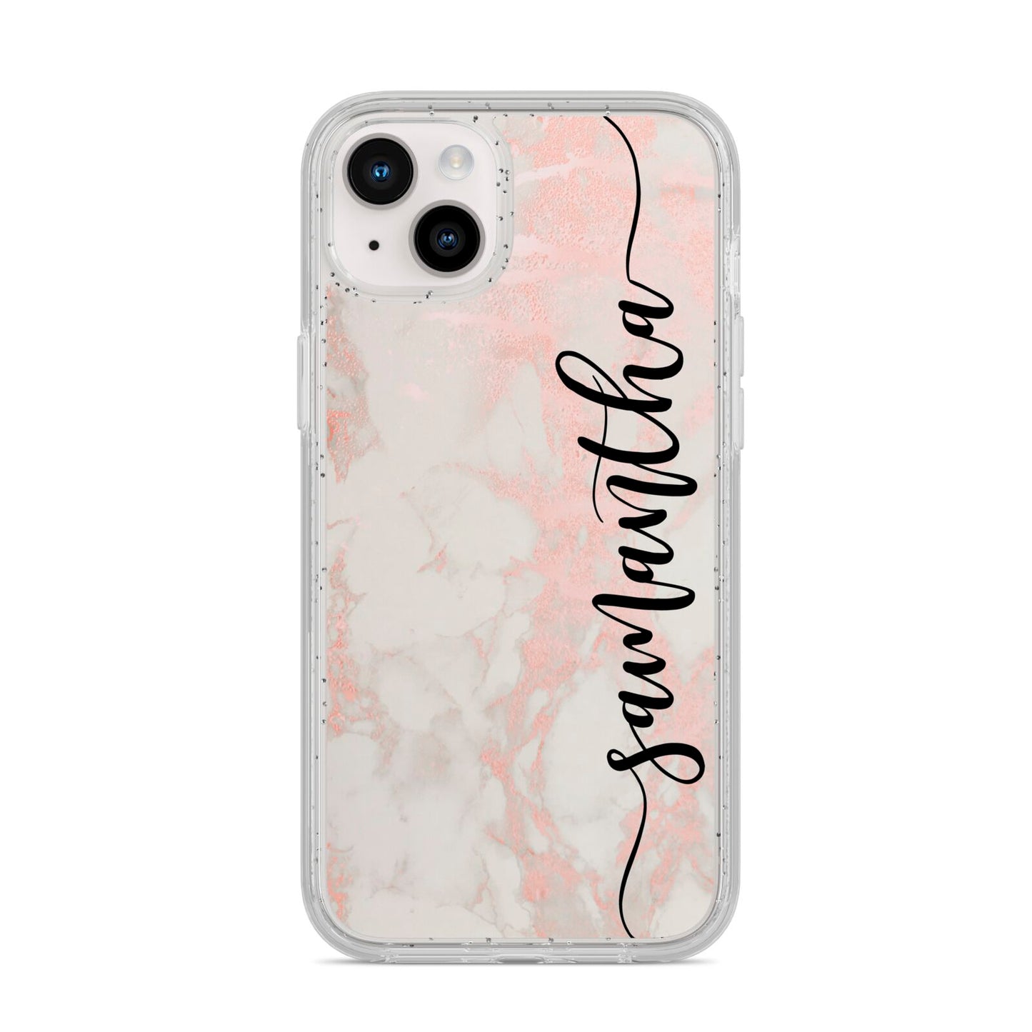 Pink Marble Vertical Black Personalised Name iPhone 14 Plus Glitter Tough Case Starlight
