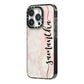 Pink Marble Vertical Black Personalised Name iPhone 14 Pro Black Impact Case Side Angle on Silver phone
