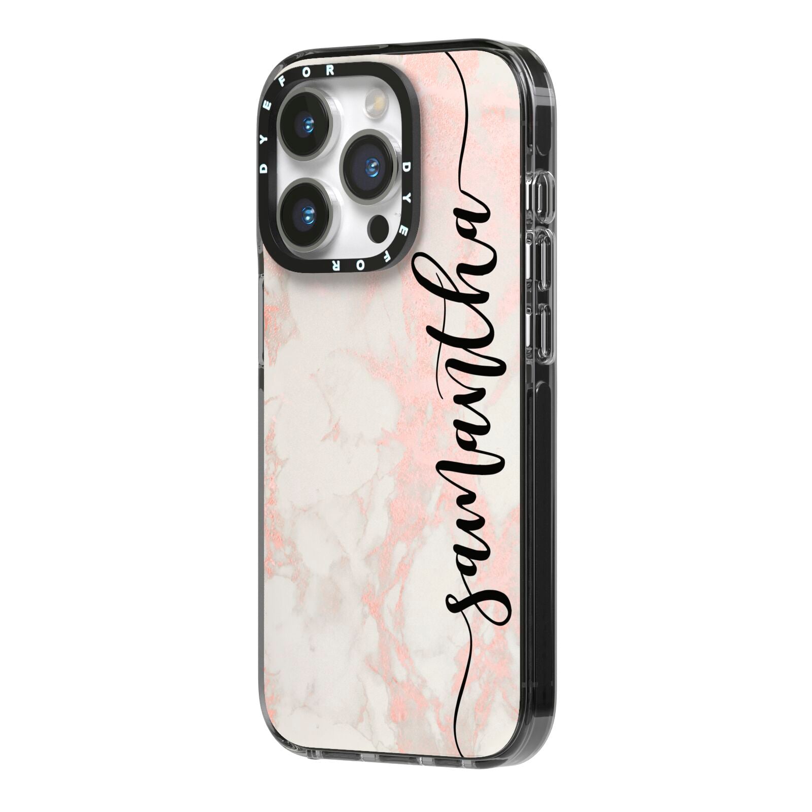 Pink Marble Vertical Black Personalised Name iPhone 14 Pro Black Impact Case Side Angle on Silver phone