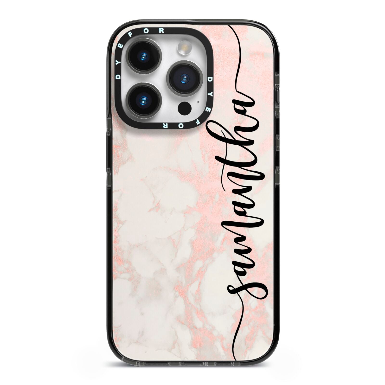 Pink Marble Vertical Black Personalised Name iPhone 14 Pro Black Impact Case on Silver phone